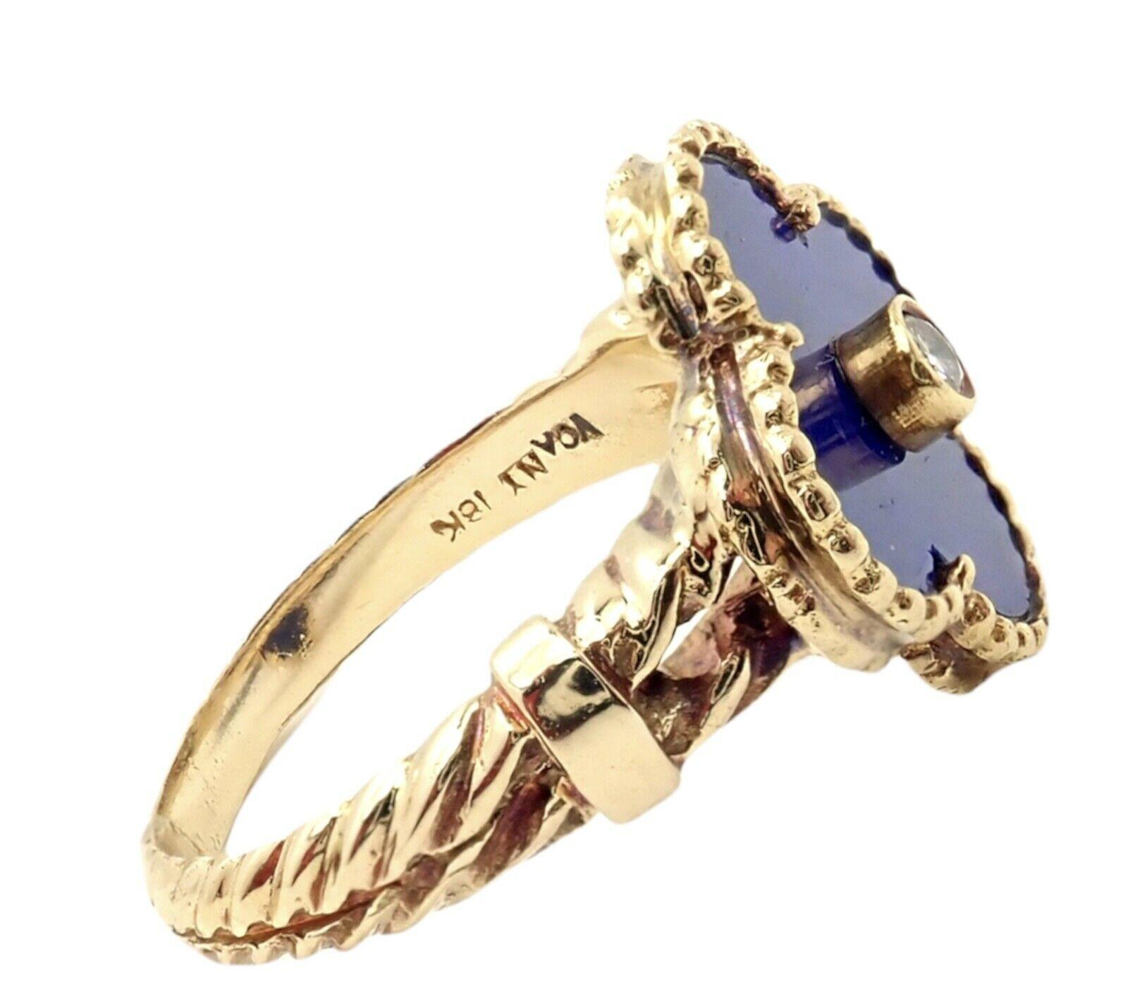 Brilliant Cut Van Cleef & Arpels Vintage Alhambra Lapis Lazuli Diamond Yellow Gold Ring For Sale