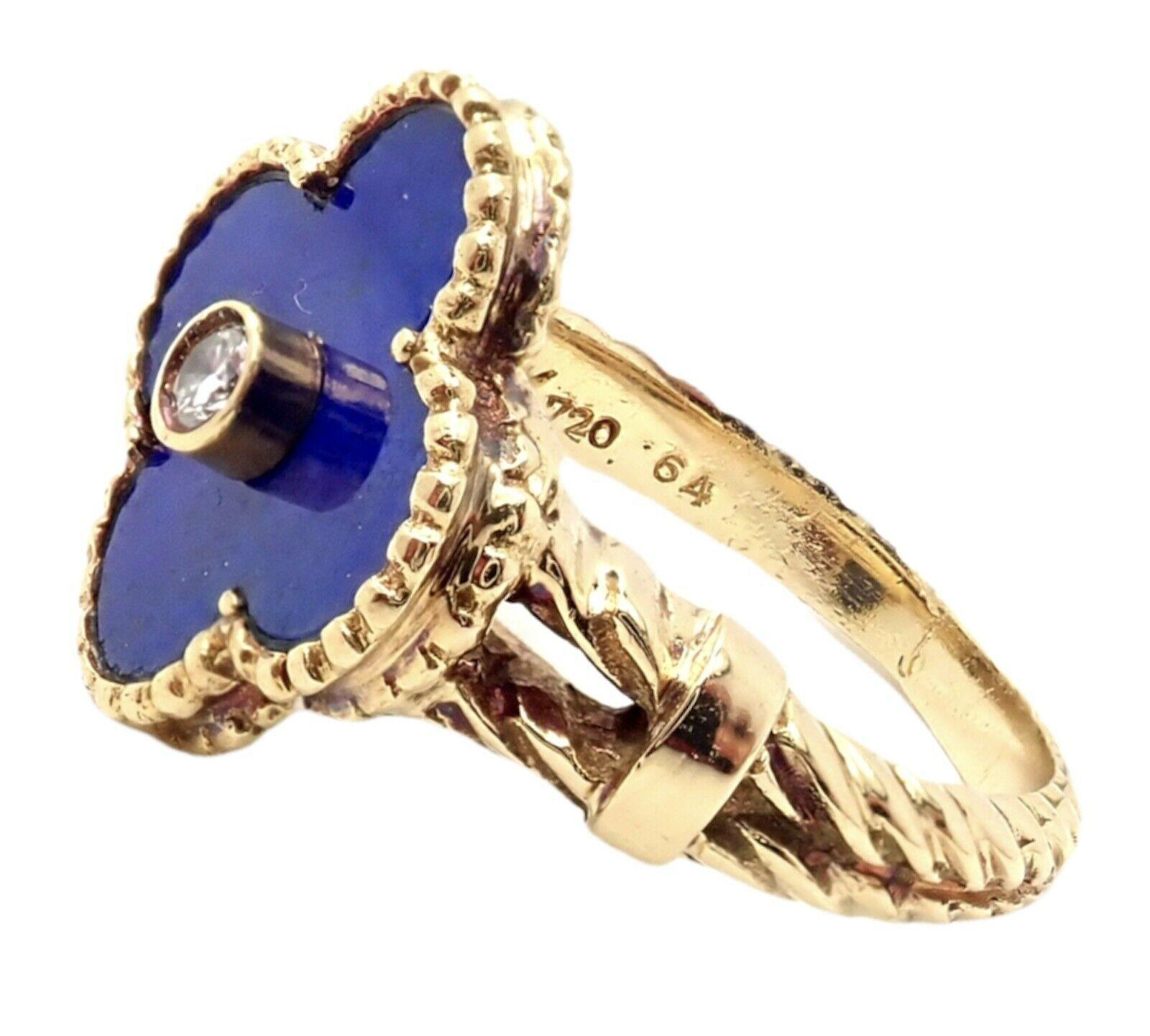 Van Cleef & Arpels Vintage Alhambra Lapis Lazuli Diamond Yellow Gold Ring In Excellent Condition For Sale In Holland, PA