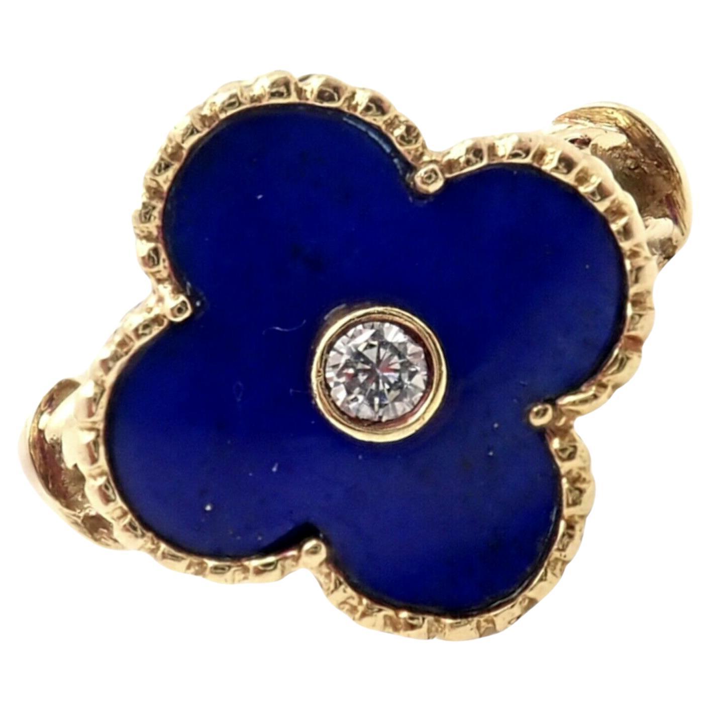 Van Cleef & Arpels Vintage Alhambra Lapis Lazuli Diamond Yellow Gold Ring For Sale