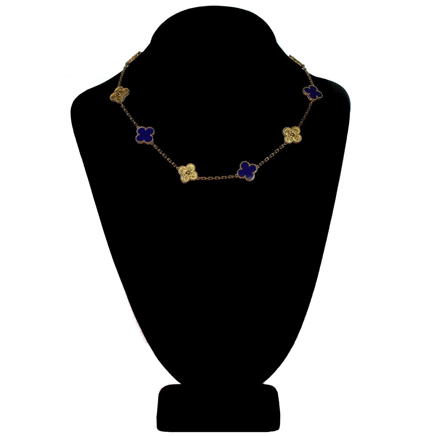 Van Cleef & Arpels Vintage Alhambra Lapis Lazuli Yellow Gold 10 Motif Necklace In Excellent Condition In New York, NY