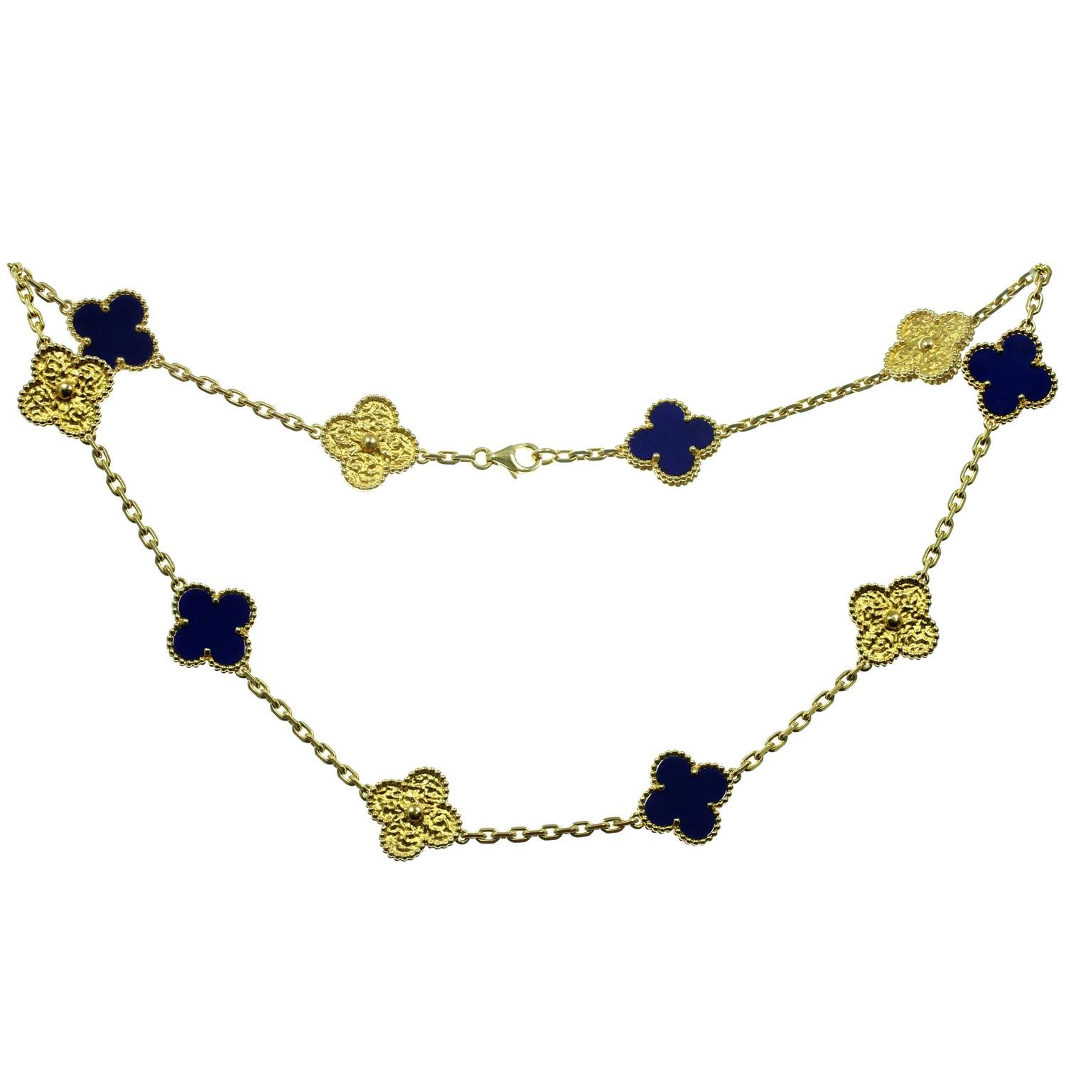 Van Cleef & Arpels Vintage Alhambra Lapis Lazuli Yellow Gold 10 Motif Necklace