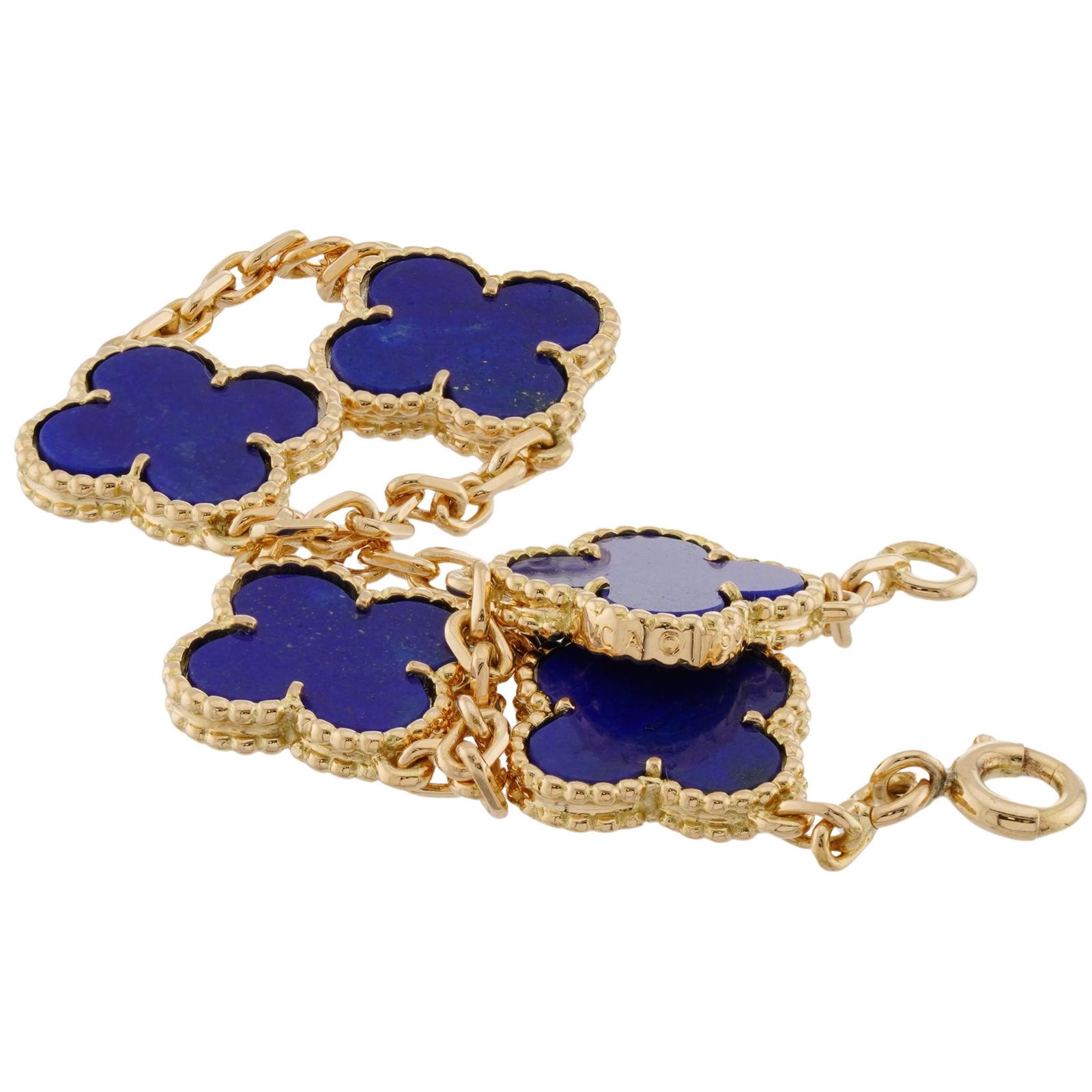 VAN CLEEF & ARPELS Vintage Alhambra Lapis Lazuli Yellow Gold 5-Motif Bracelet In Excellent Condition For Sale In New York, NY
