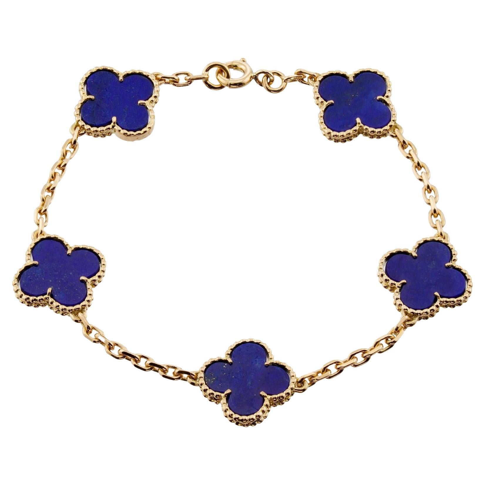 VAN CLEEF & ARPELS Bracelet vintage Alhambra à 5 motifs en or jaune et lapis-lazuli en vente