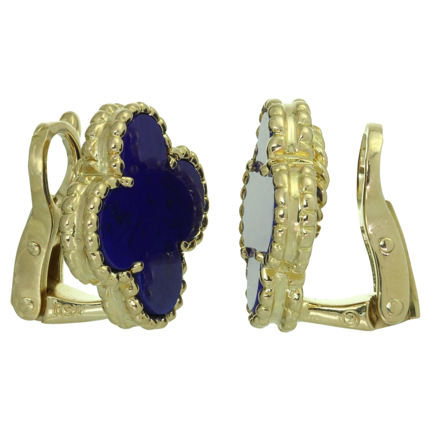 Mixed Cut VAN CLEEF & ARPELS Vintage Alhambra Lapis Lazuli Yellow Gold Clip-on Earrings