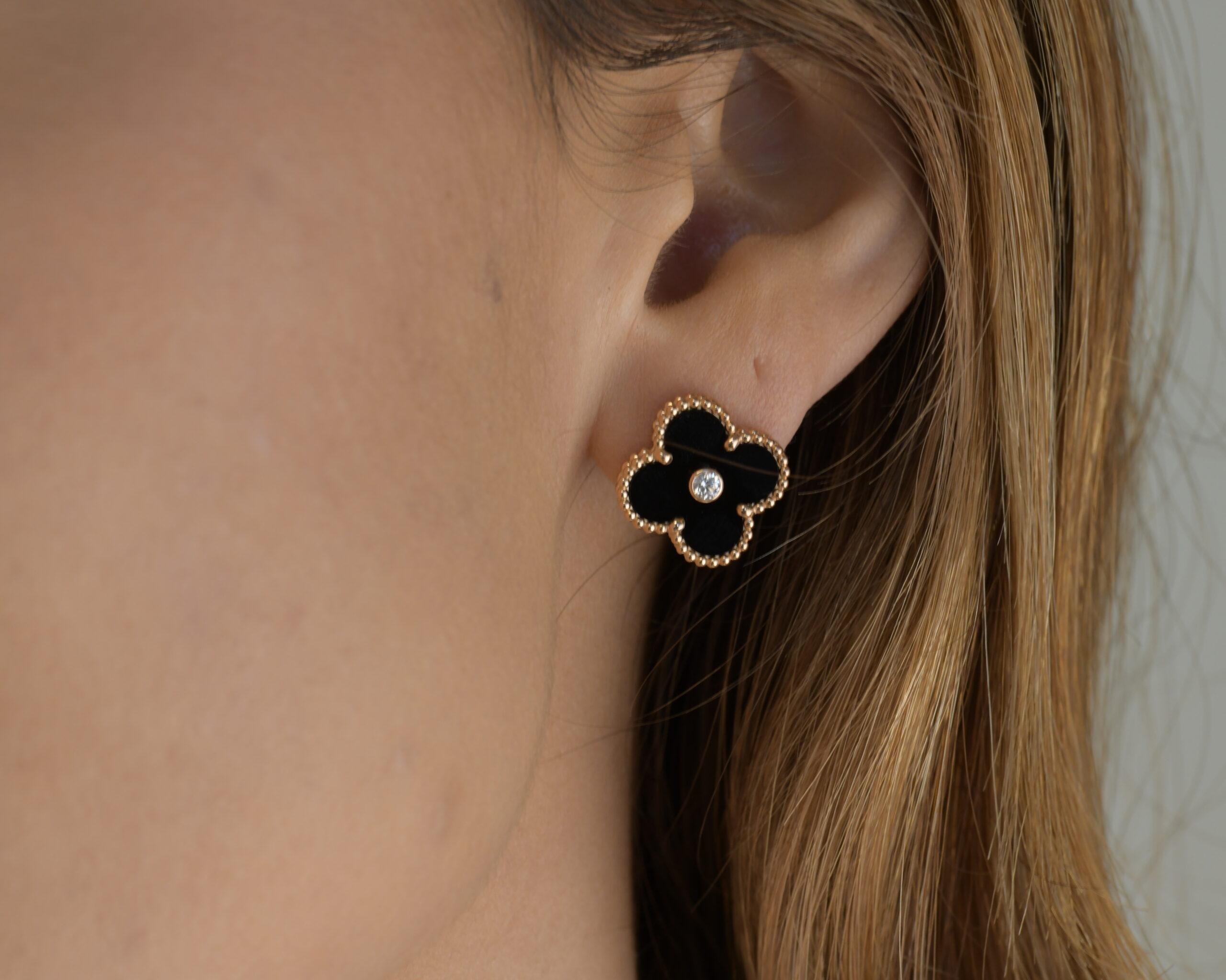 Brilliant Cut Van Cleef & Arpels Vintage Alhambra Limited Edition Diamond Onyx Earrings