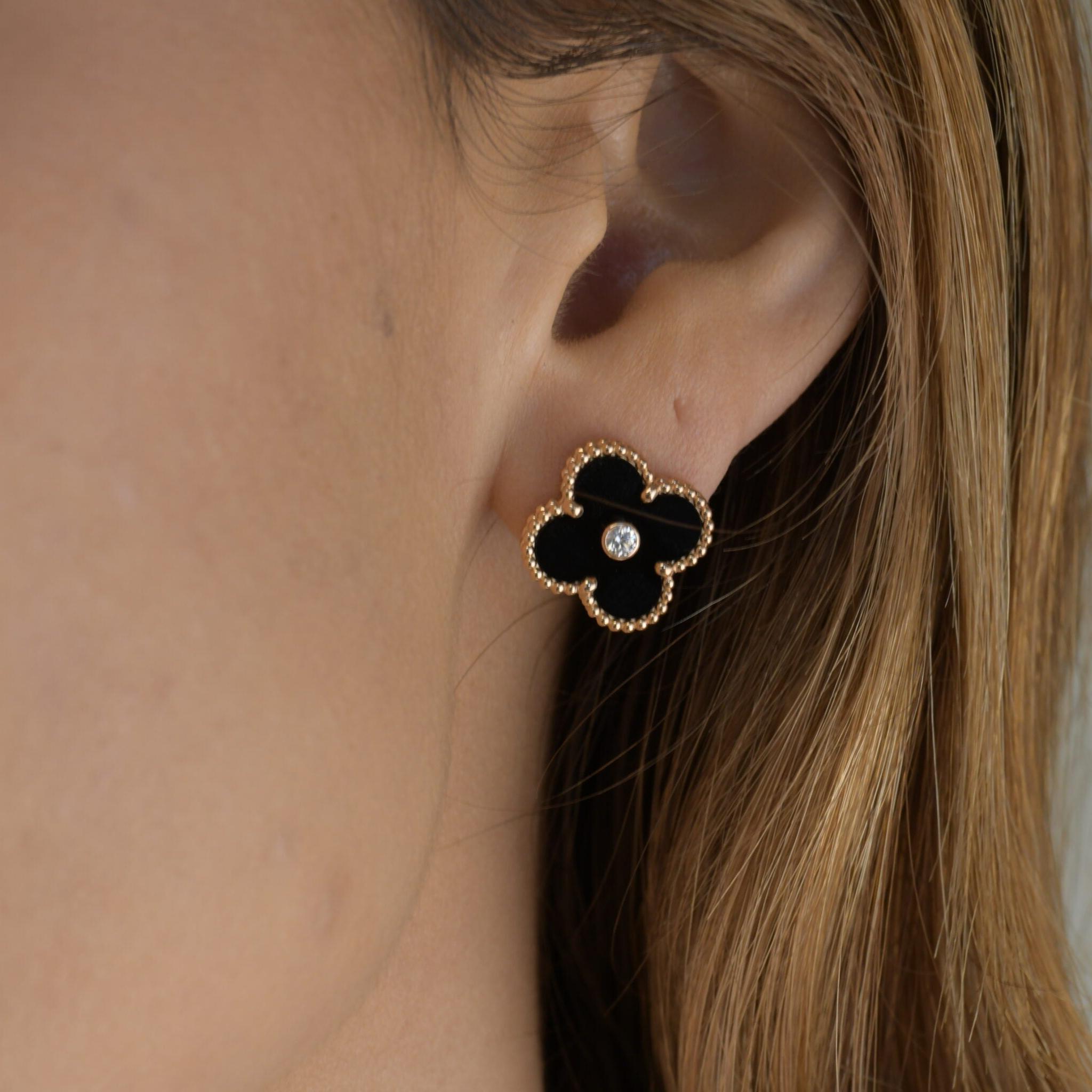 Brilliant Cut Van Cleef & Arpels Vintage Alhambra Limited Edition Diamond Onyx Earrings For Sale