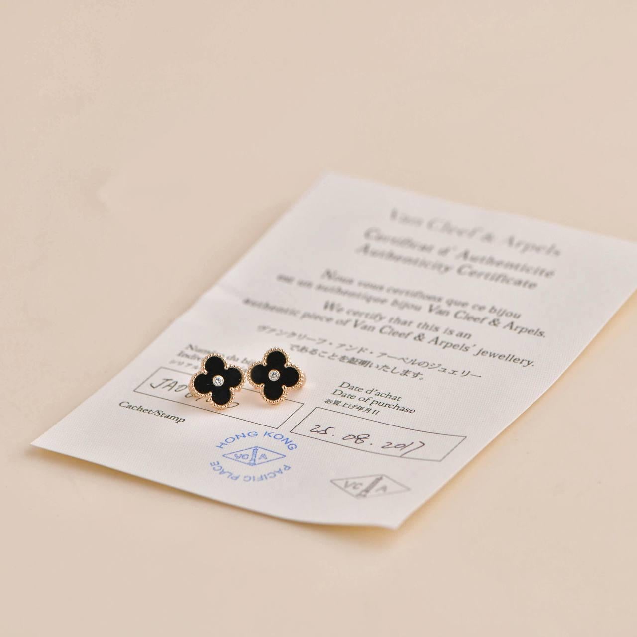 Van Cleef & Arpels Vintage Alhambra Limited Edition Diamond Onyx Earrings In Excellent Condition In Banbury, GB