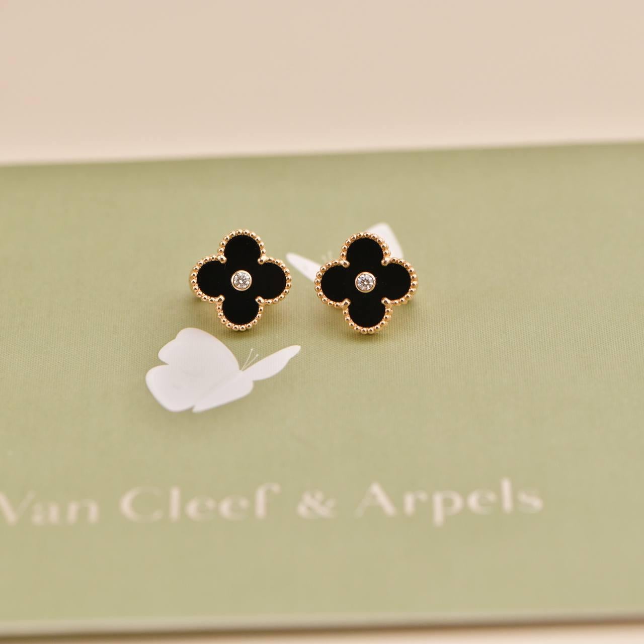 Van Cleef & Arpels Vintage Alhambra Limited Edition Diamond Onyx Earrings In Excellent Condition For Sale In Banbury, GB