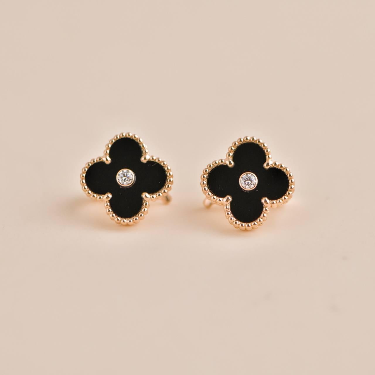Women's or Men's Van Cleef & Arpels Vintage Alhambra Limited Edition Diamond Onyx Earrings