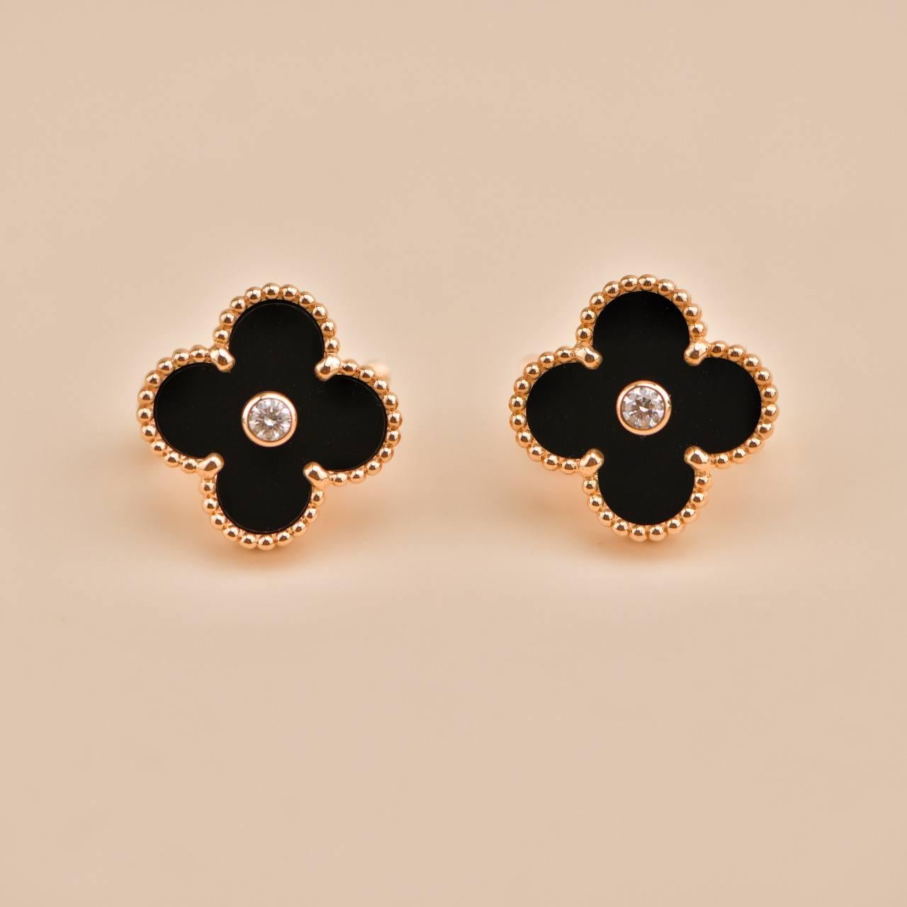 Women's or Men's Van Cleef & Arpels Vintage Alhambra Limited Edition Diamond Onyx Earrings For Sale