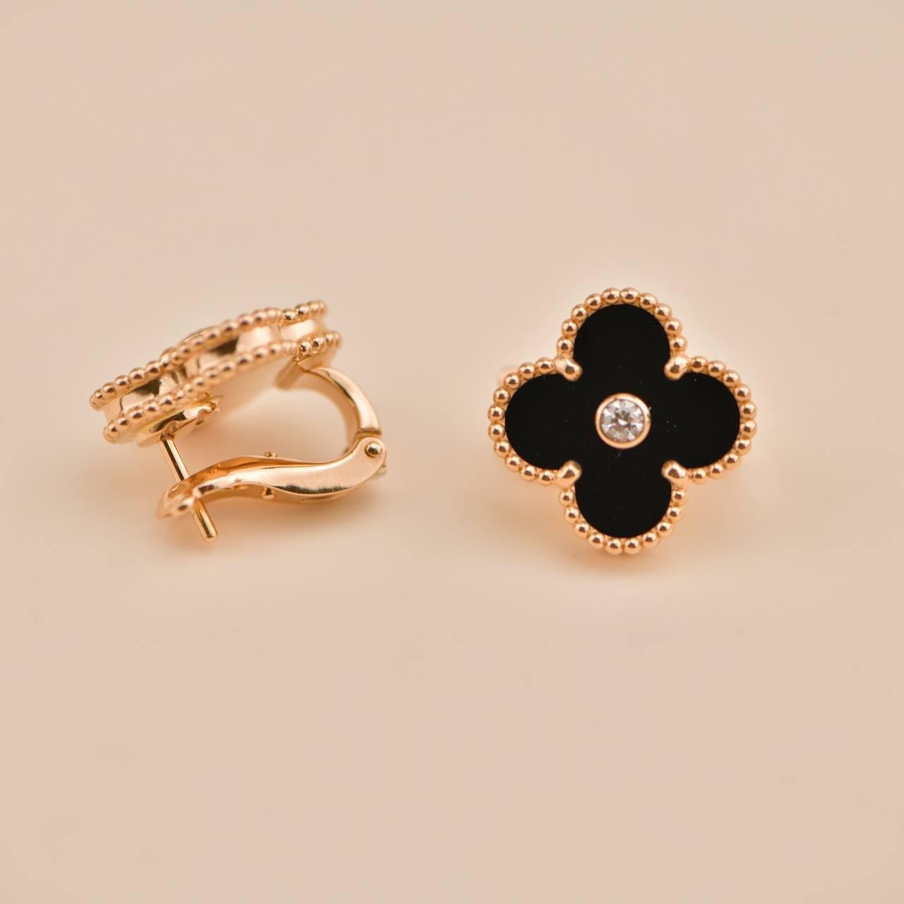 Van Cleef & Arpels Vintage Alhambra Limited Edition Diamond Onyx Earrings For Sale 1