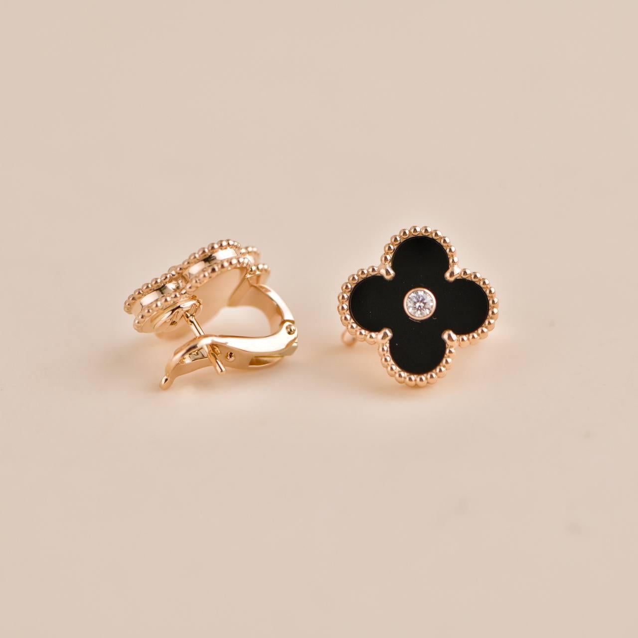Van Cleef & Arpels Vintage Alhambra Limited Edition Diamond Onyx Earrings 2