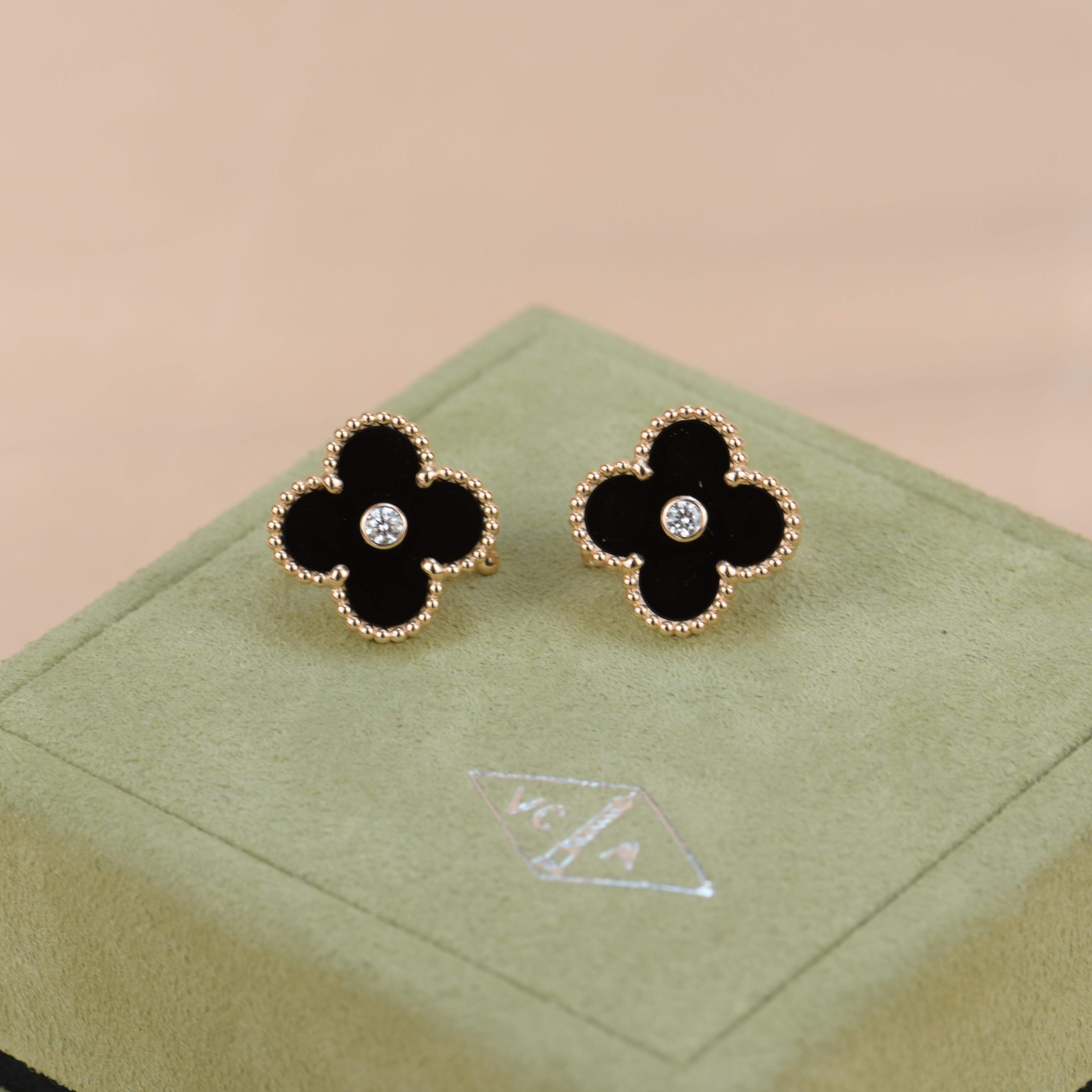 Van Cleef & Arpels Vintage Alhambra Goldohrringe, limitierte Auflage, Onyx-Diamant (Ungeschliffen)