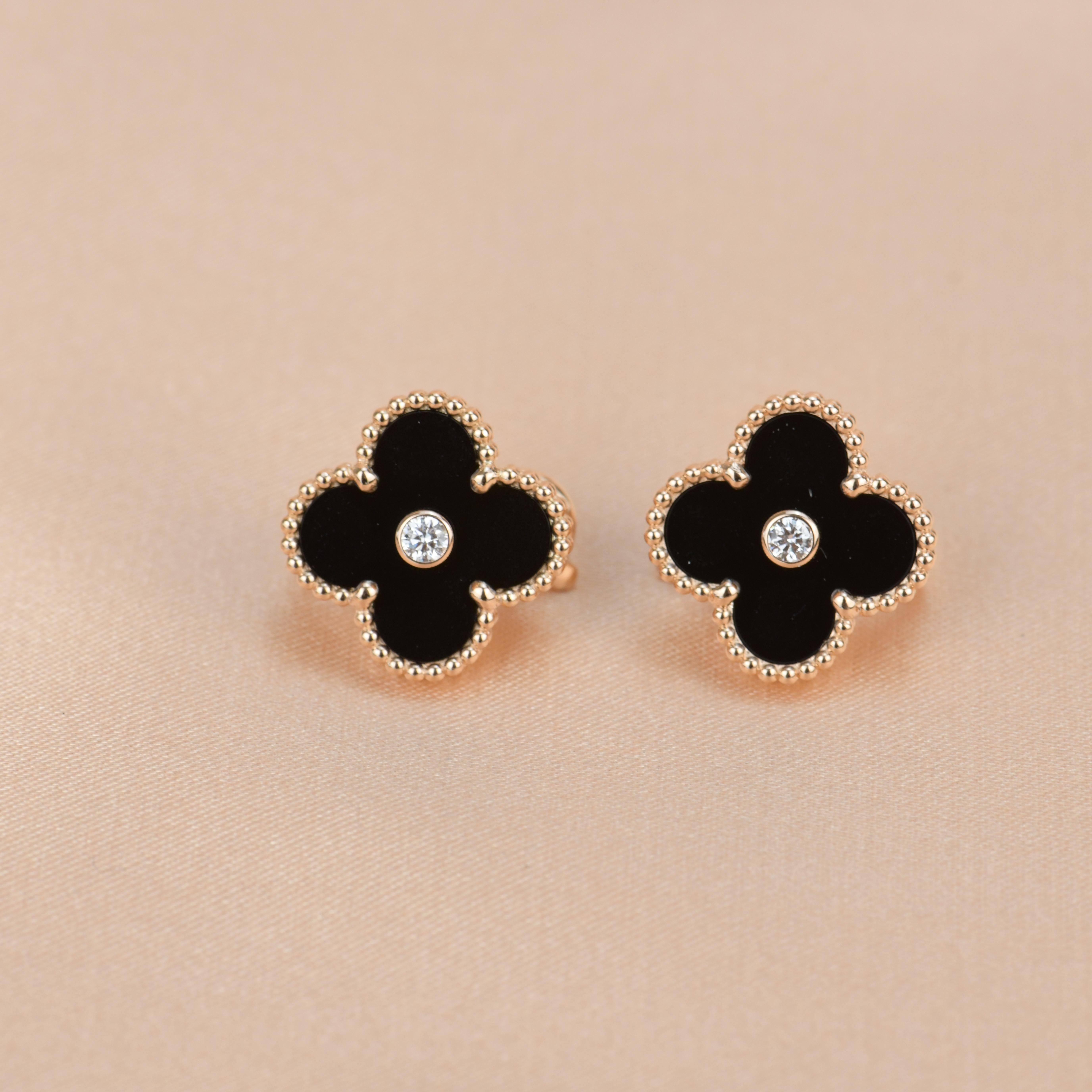 Van Cleef & Arpels Vintage Alhambra Goldohrringe, limitierte Auflage, Onyx-Diamant 2