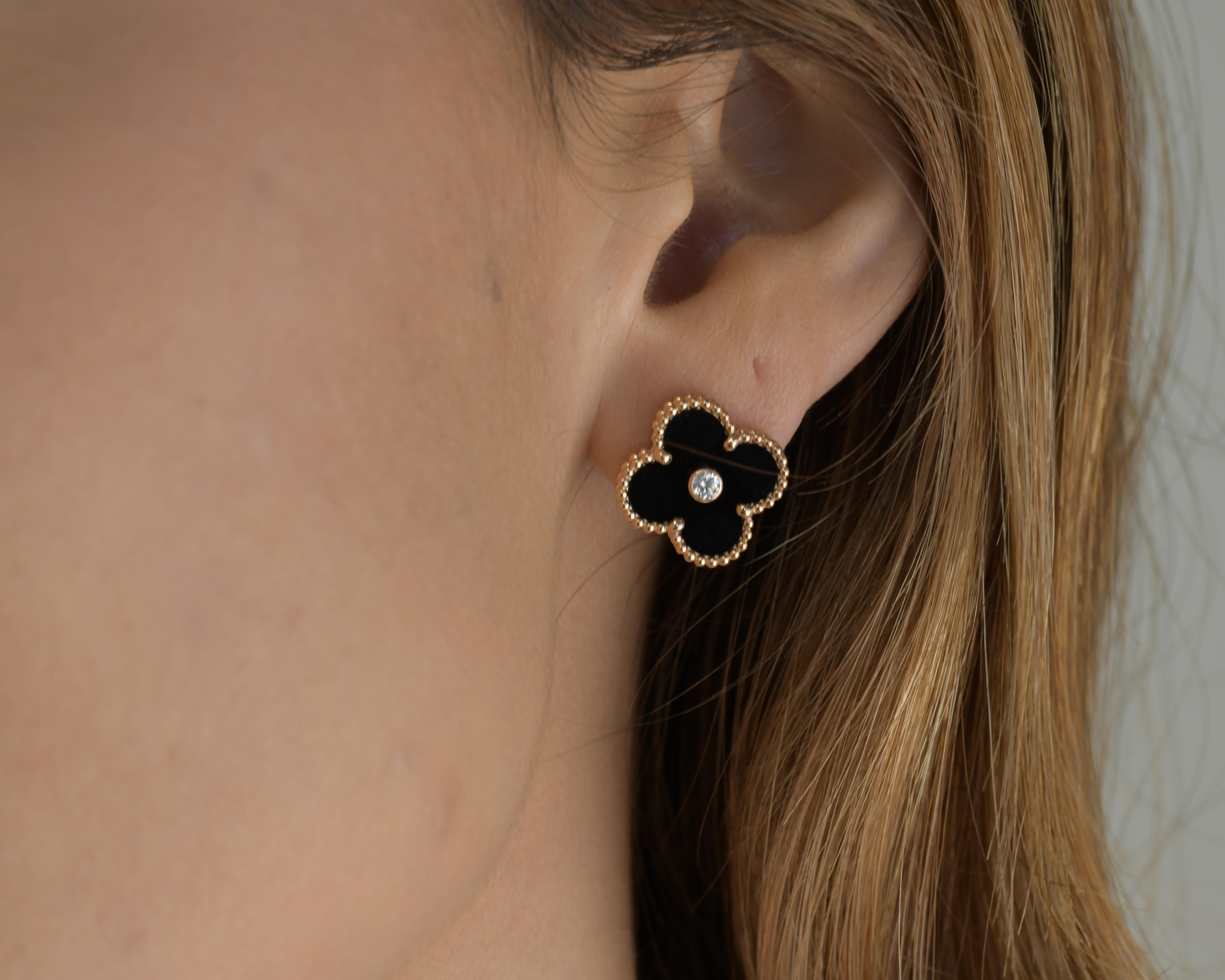 Van Cleef & Arpels Vintage Alhambra Goldohrringe, limitierte Auflage, Onyx-Diamant 1