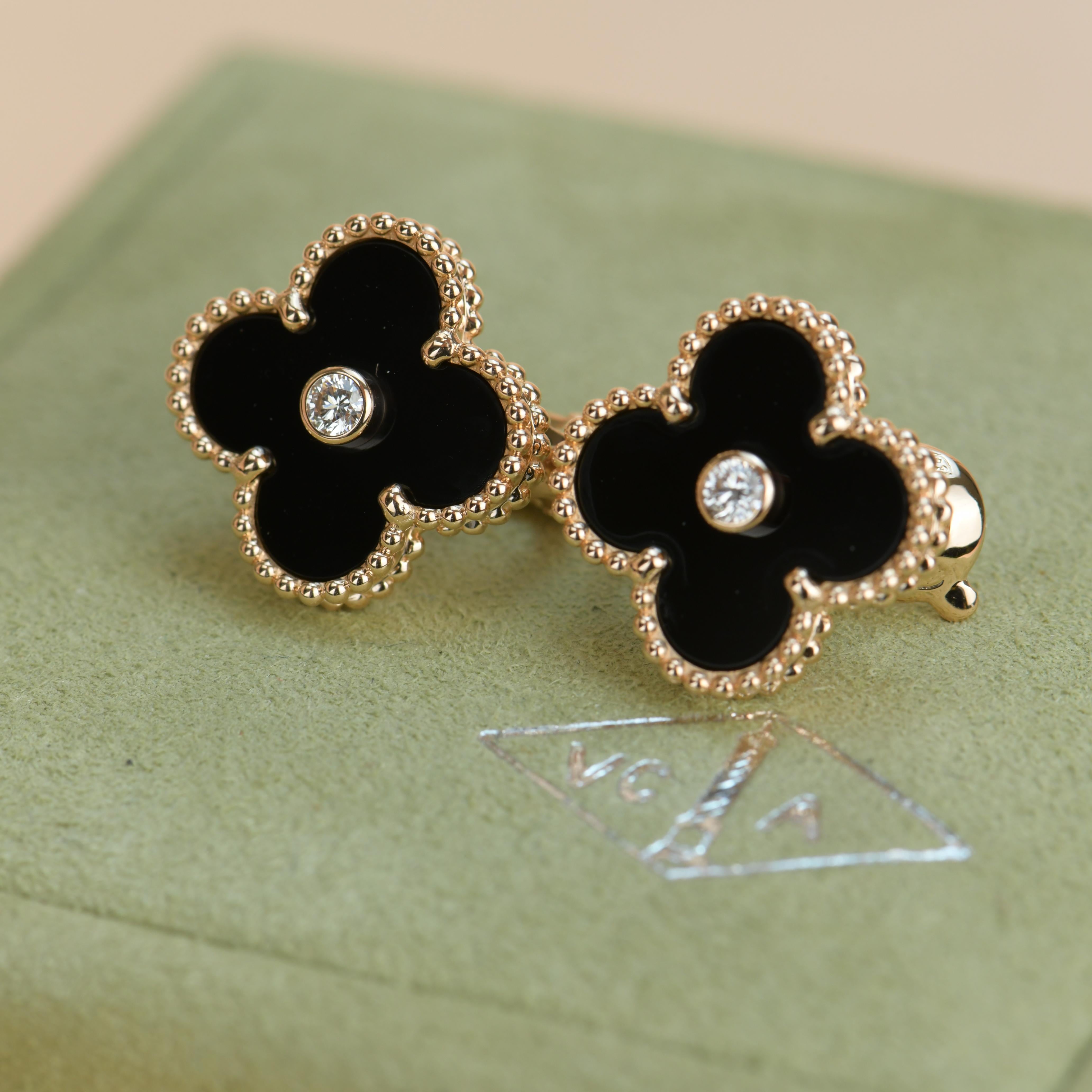 Van Cleef & Arpels Vintage Alhambra Limited Edition Onyx Diamond Gold Earrings In Excellent Condition In Banbury, GB