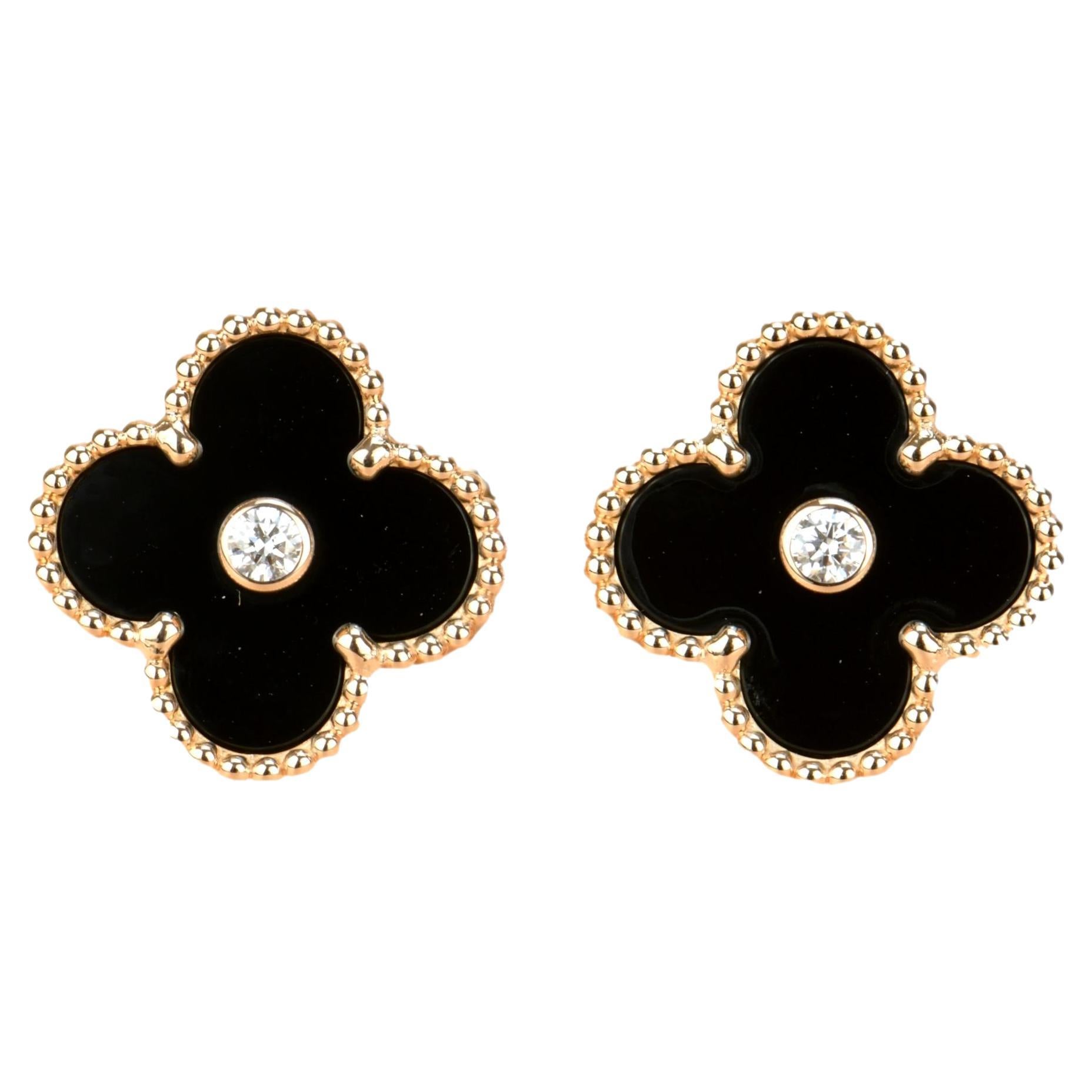 Van Cleef & Arpels Vintage Alhambra Limited Edition Onyx Diamond Gold Earrings