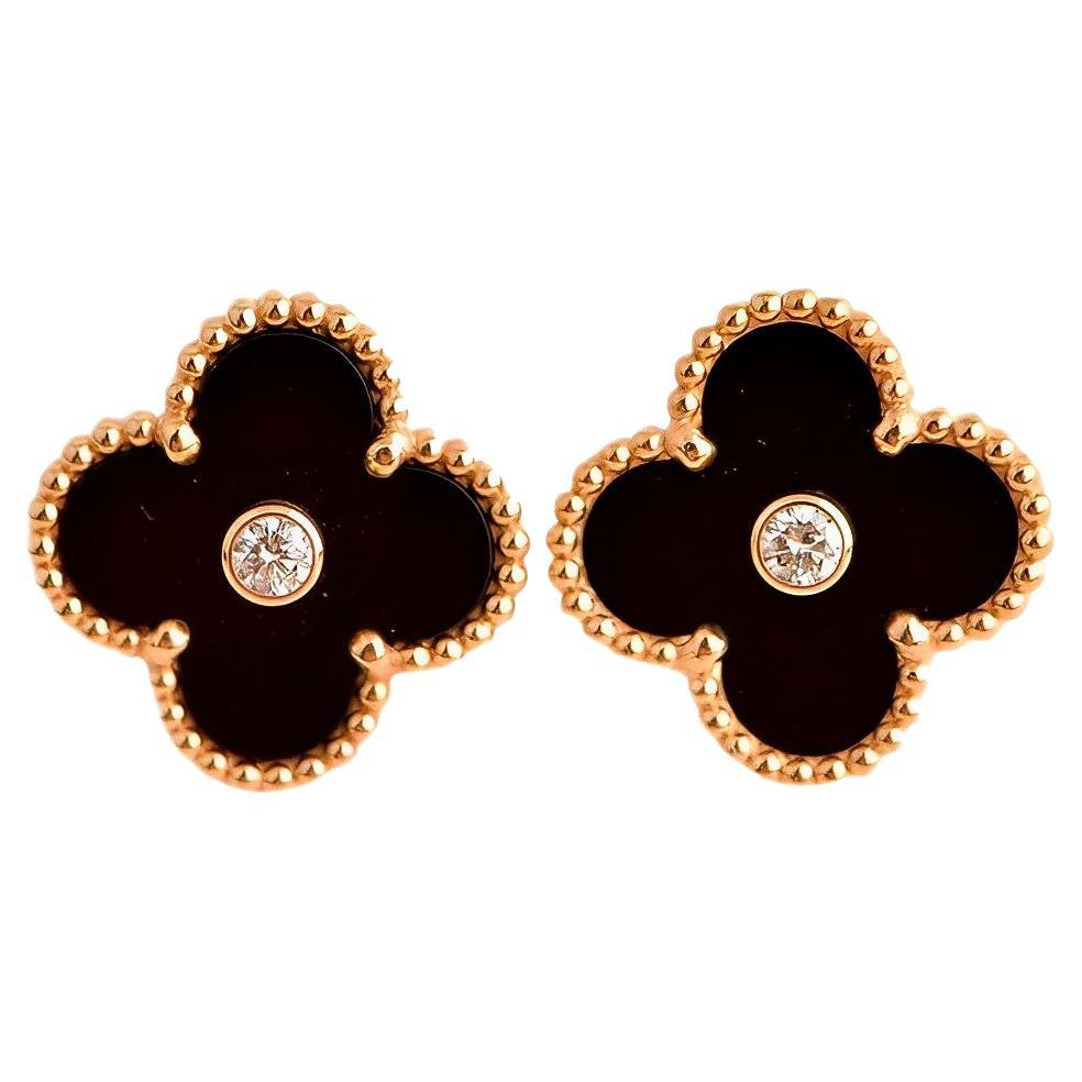 Van Cleef & Arpels Vintage Alhambra Limited Edition Onyx Diamond Gold Earrings