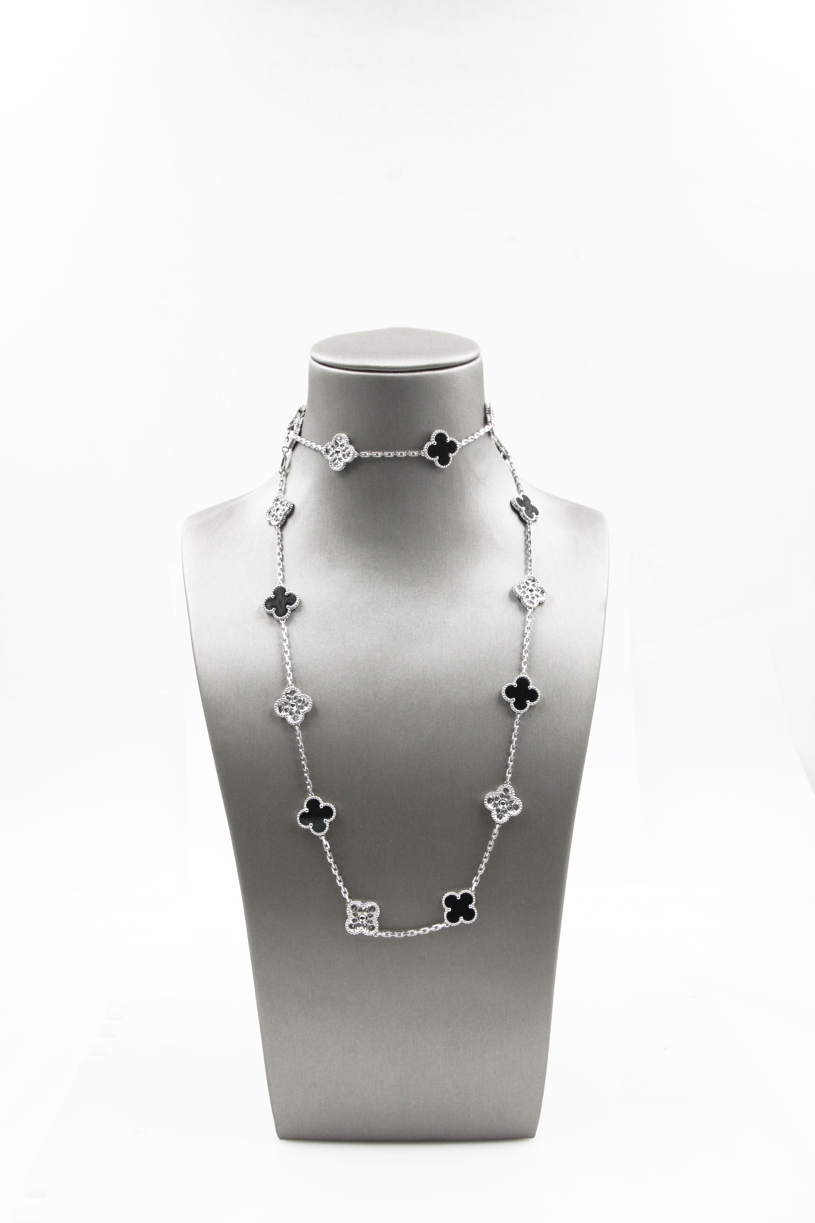 Women's Van Cleef & Arpels Vintage Alhambra Long Motifs White Gold Diamond Onyx Necklace For Sale