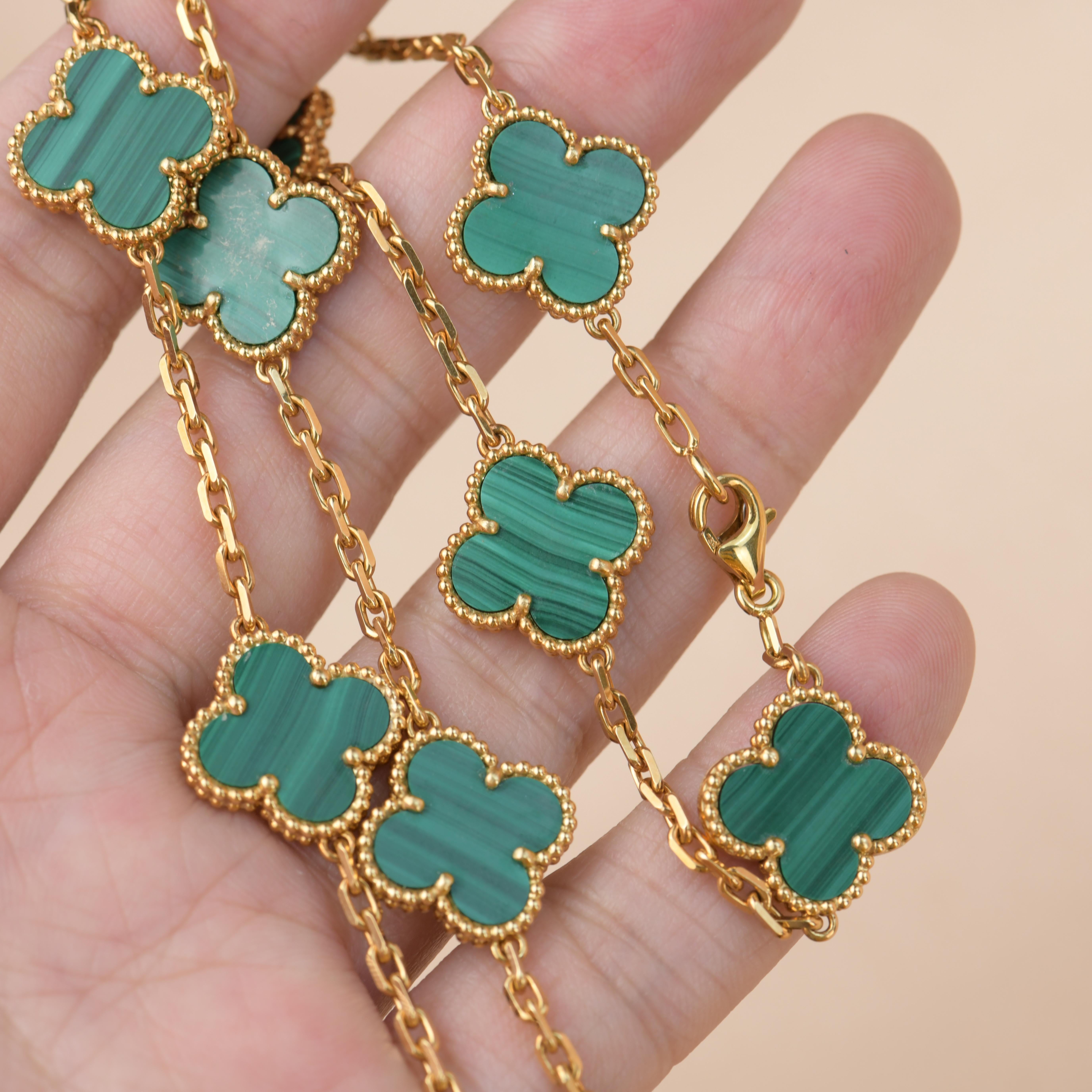 Van Cleef & Arpels Vintage Alhambra Malachite 10 Motif Gold Necklace 5