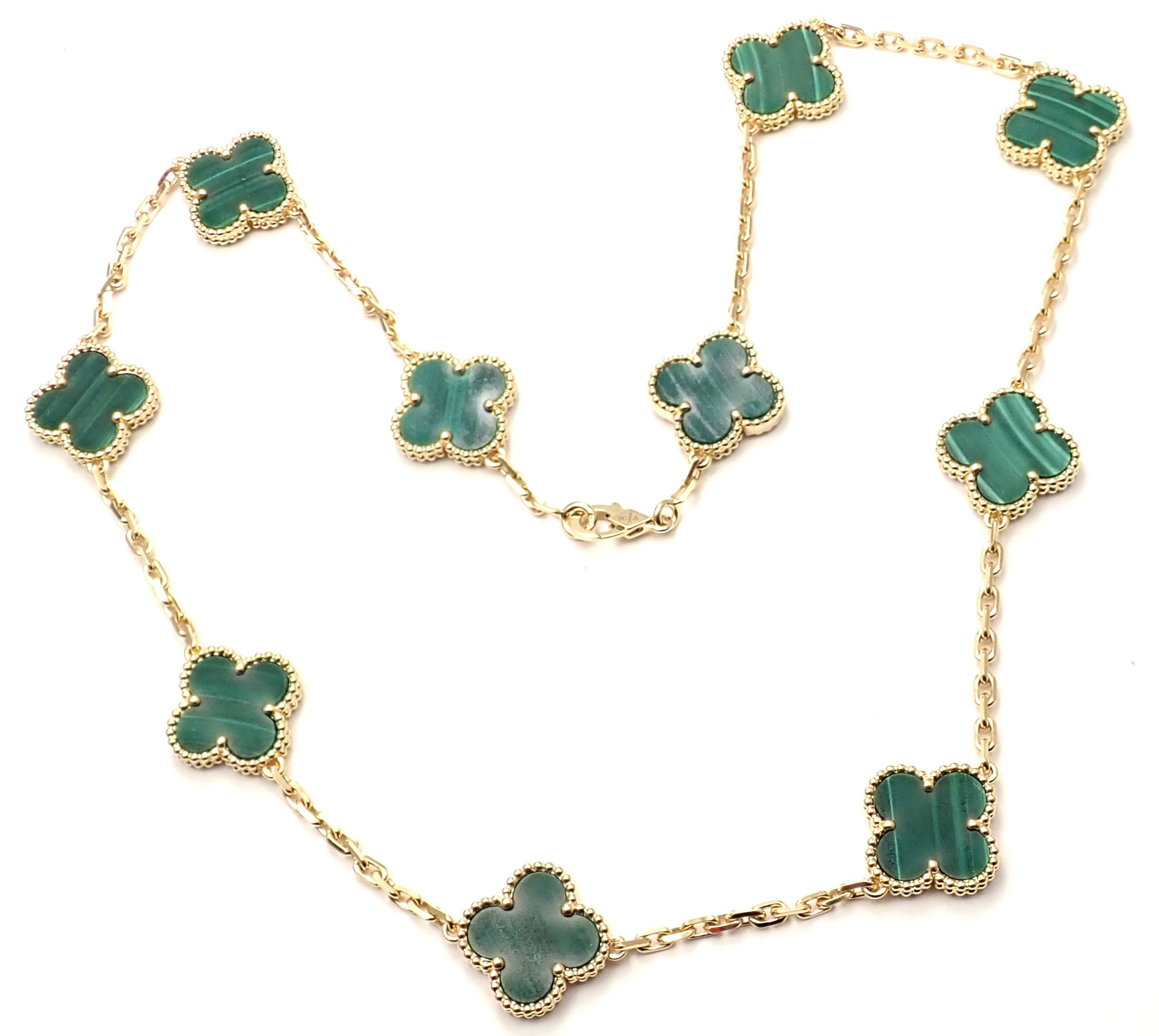 18k Yellow Gold Alhambra 10 Motifs Malachite Necklace by
Van Cleef & Arpels.
With 10 motifs of Malachite Alhambra stones 15mm each.
This necklace comes with certificate of authenticity from Van Cleef & Arpels store.
Details:
Length: 16 3/4