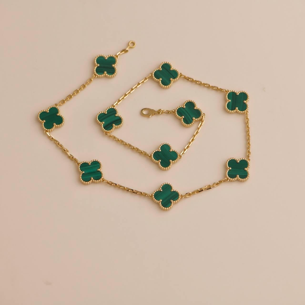 Van Cleef & Arpels Vintage Alhambra Malachite 10 Motif Gold Necklace 3