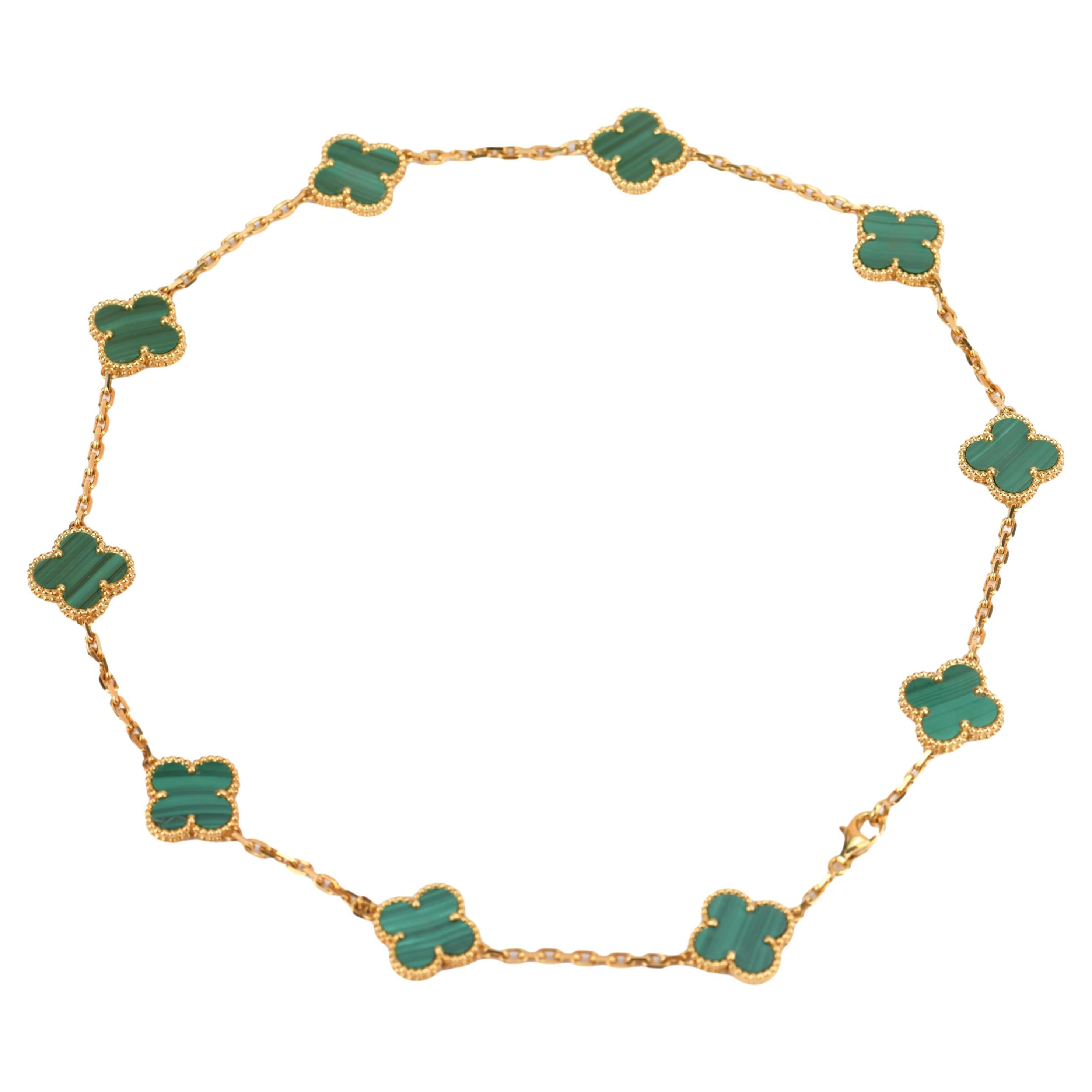 Van Cleef & Arpels Vintage Alhambra Malachite 10 Motif Gold Necklace