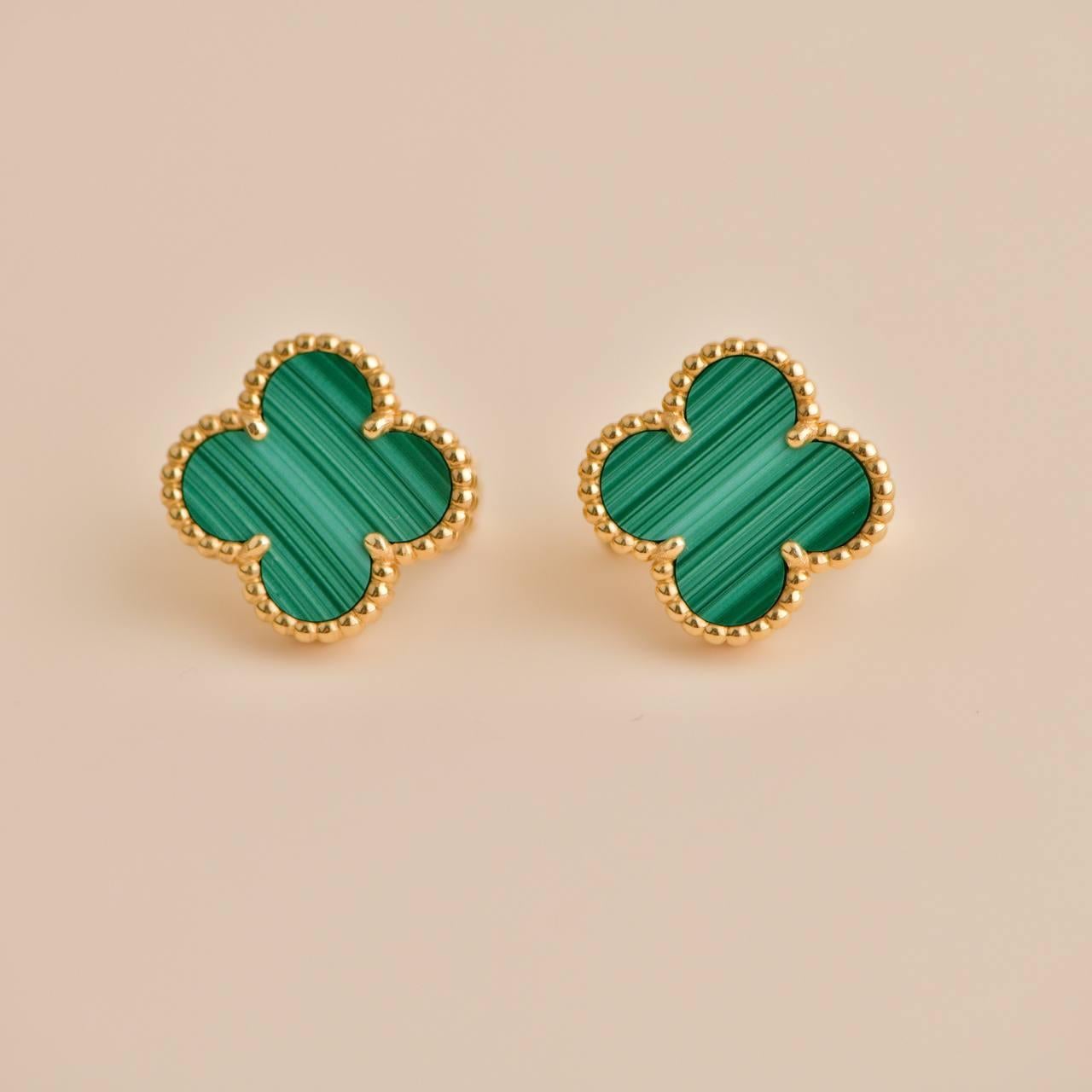 Van Cleef & Arpels Vintage Alhambra Malachite 18K Yellow Gold Earrings 1