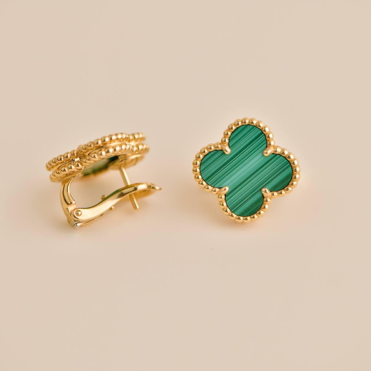 Van Cleef & Arpels Vintage Alhambra Malachite 18K Yellow Gold Earrings 2