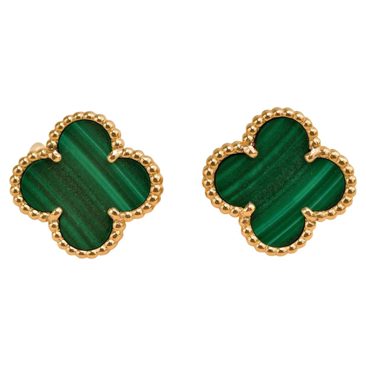 Van Cleef & Arpels Vintage Alhambra Malachite 18K Yellow Gold Earrings