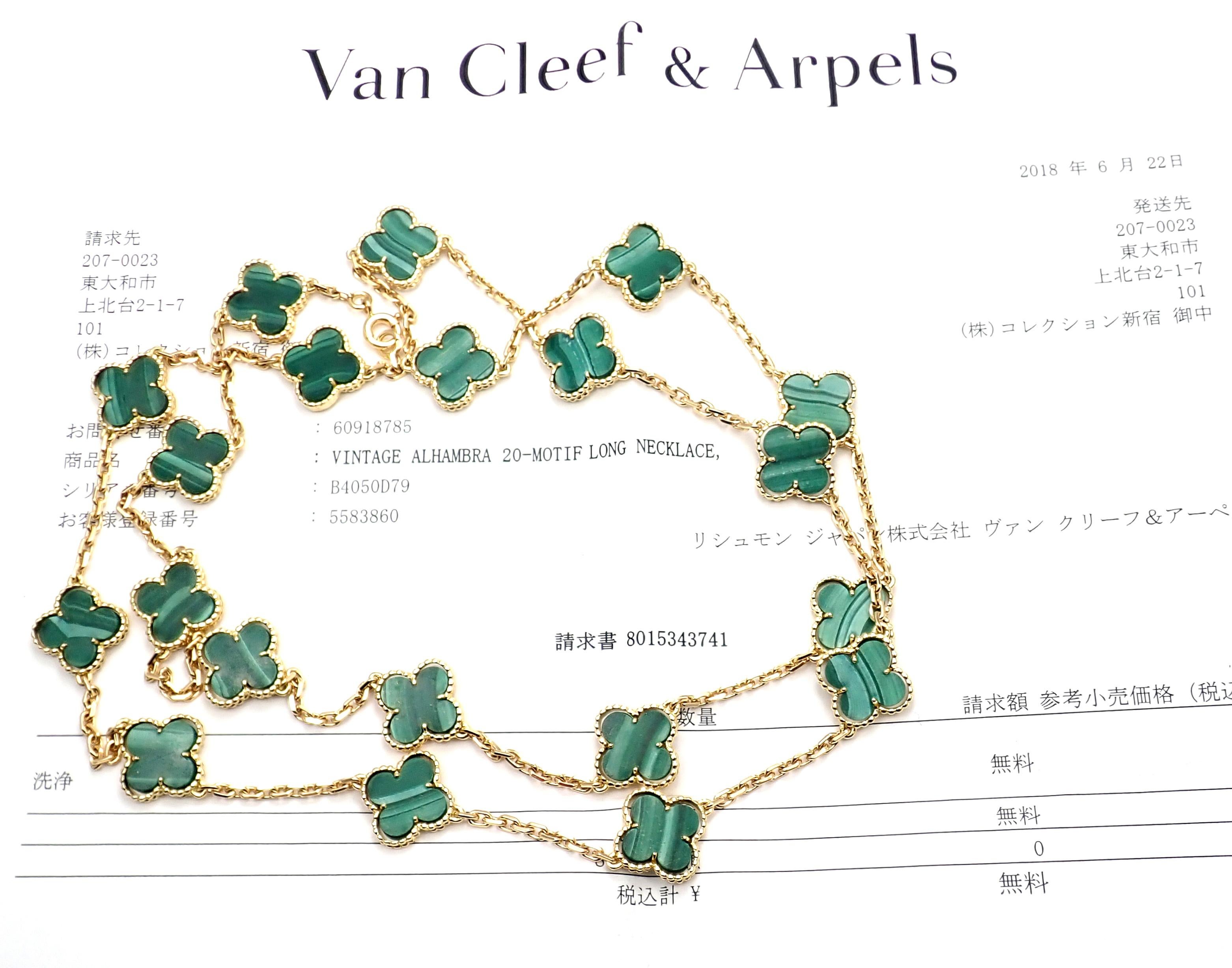 18k Yellow Gold Alhambra 20 Motifs Malachite Necklace by
Van Cleef & Arpels.
With 20 motifs of Malachite Alhambra stones 15mm each.
This necklace comes with Van Cleef & Arpels service paper from VCA store in Tokyo and a VCA box.
Details:
Length: