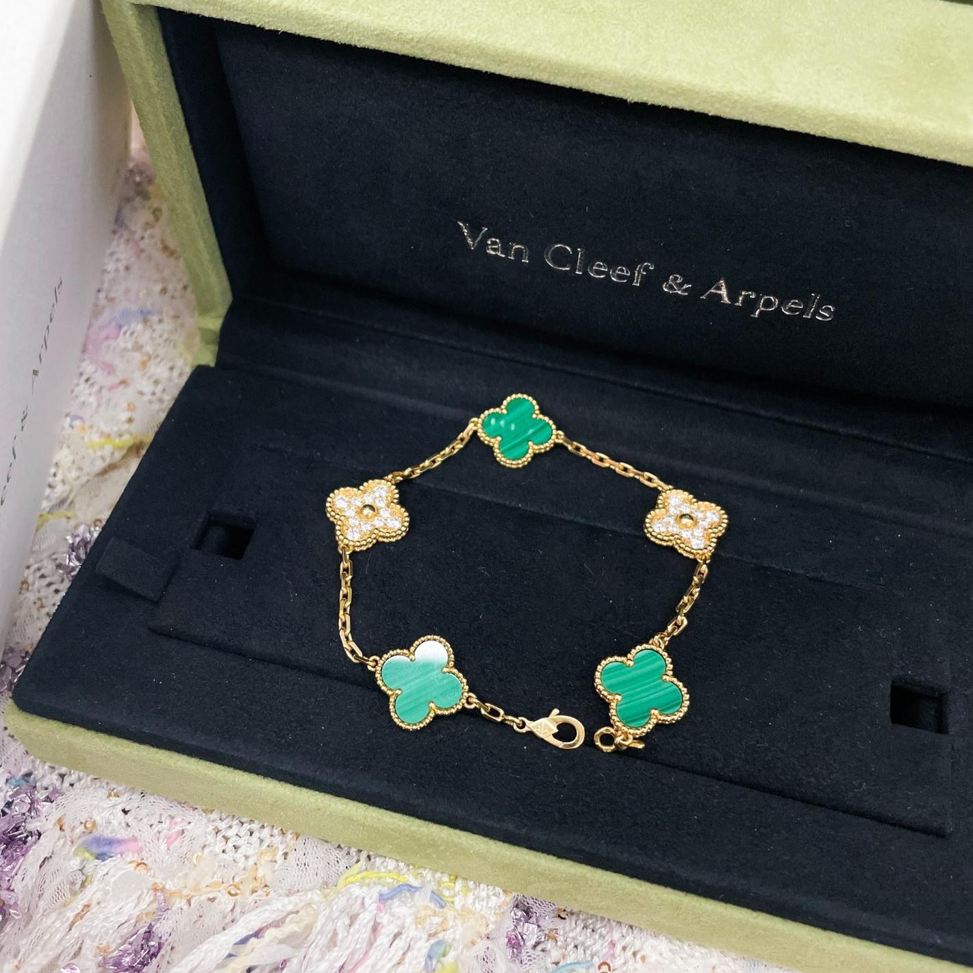 Van Cleef and Arpels Vintage Alhambra Malachite and Diamond Yellow Gold ...