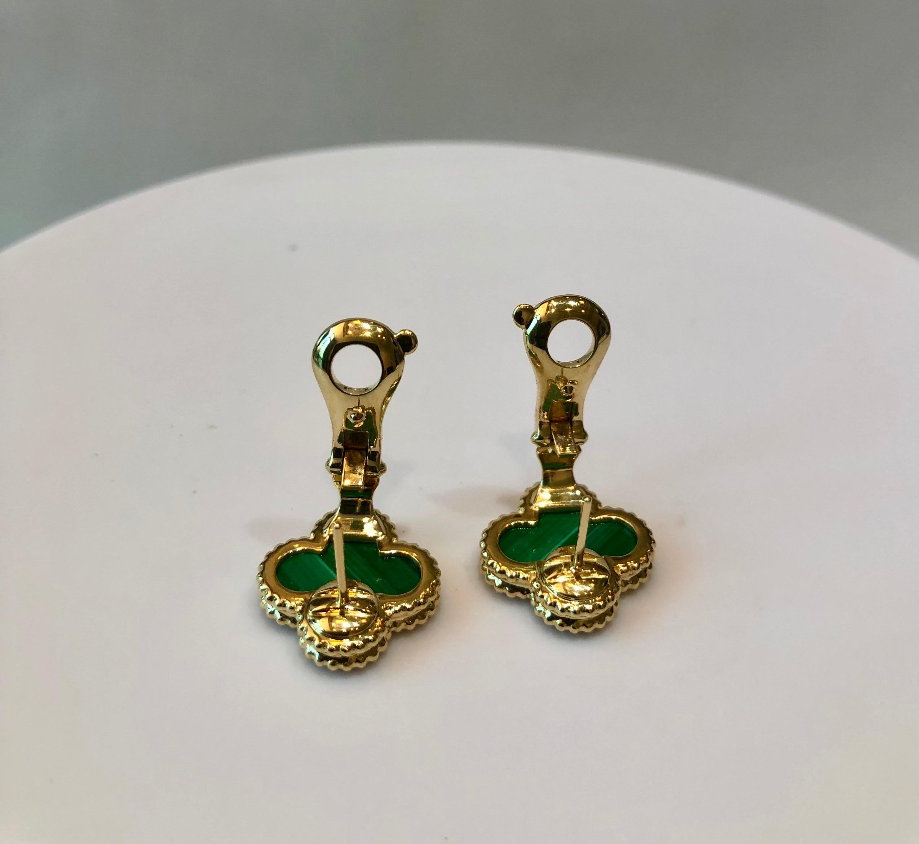 Van Cleef & Arpels Vintage Alhambra Malachite and Yellow Gold Earrings 2