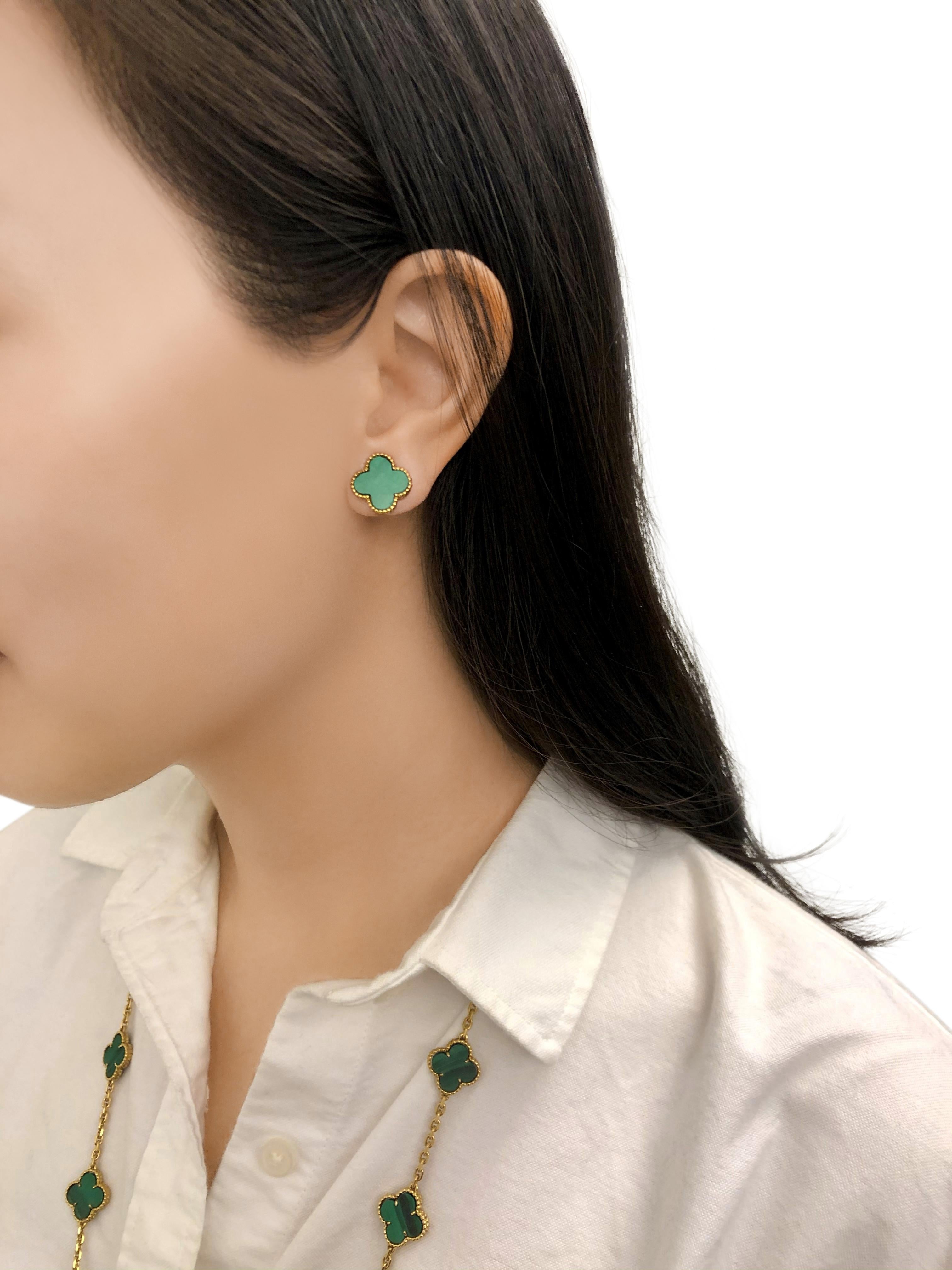 Women's Van Cleef & Arpels Vintage Alhambra Malachite and Yellow Gold Earrings