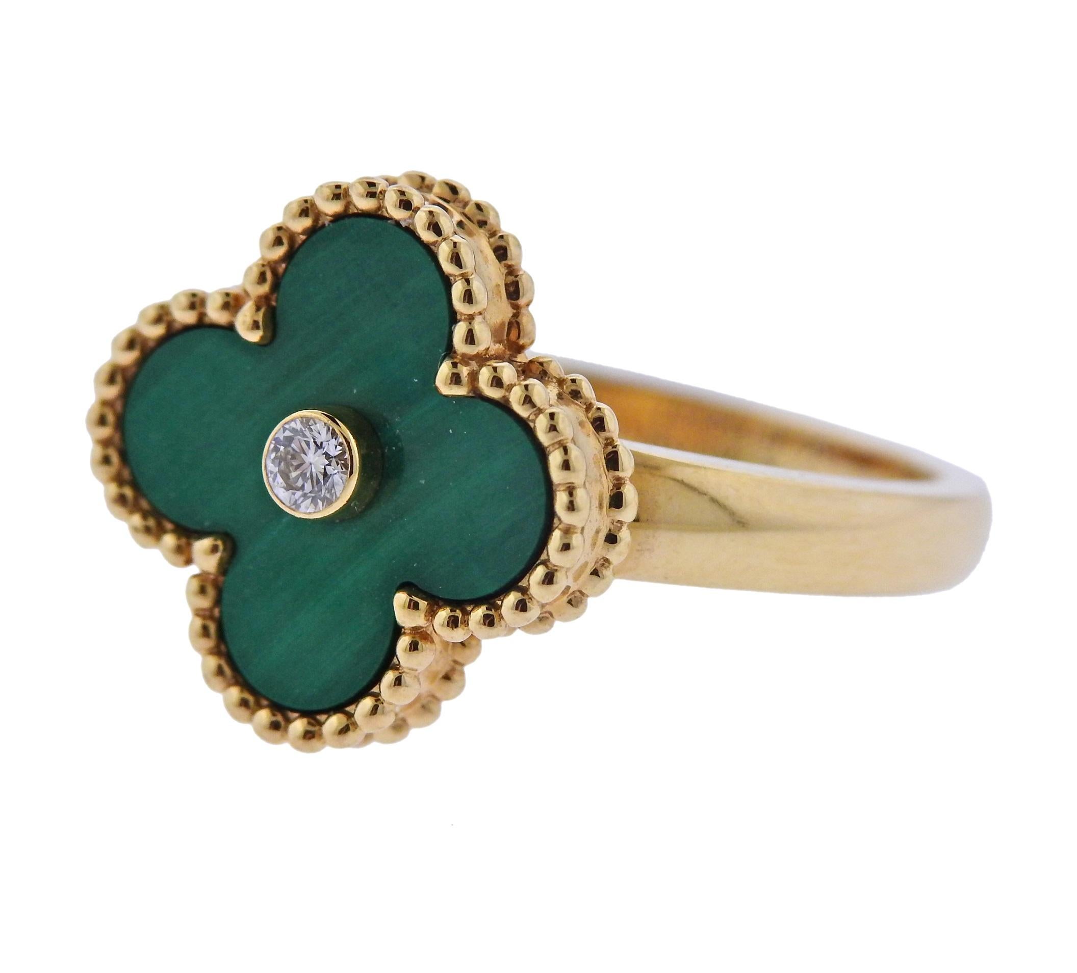 Iconic Vintage Alhambra 18k gold ring, set with approx. 0.06ct FG/VVS diamond in the center and malachite top. Crafted by Van Cleef & Arpels, come with COA.  Ring size - 7, ring top - 15mm x 15mm, weighs 6.6 grams. Marked:  VCA, Au750, 54, JE798***.