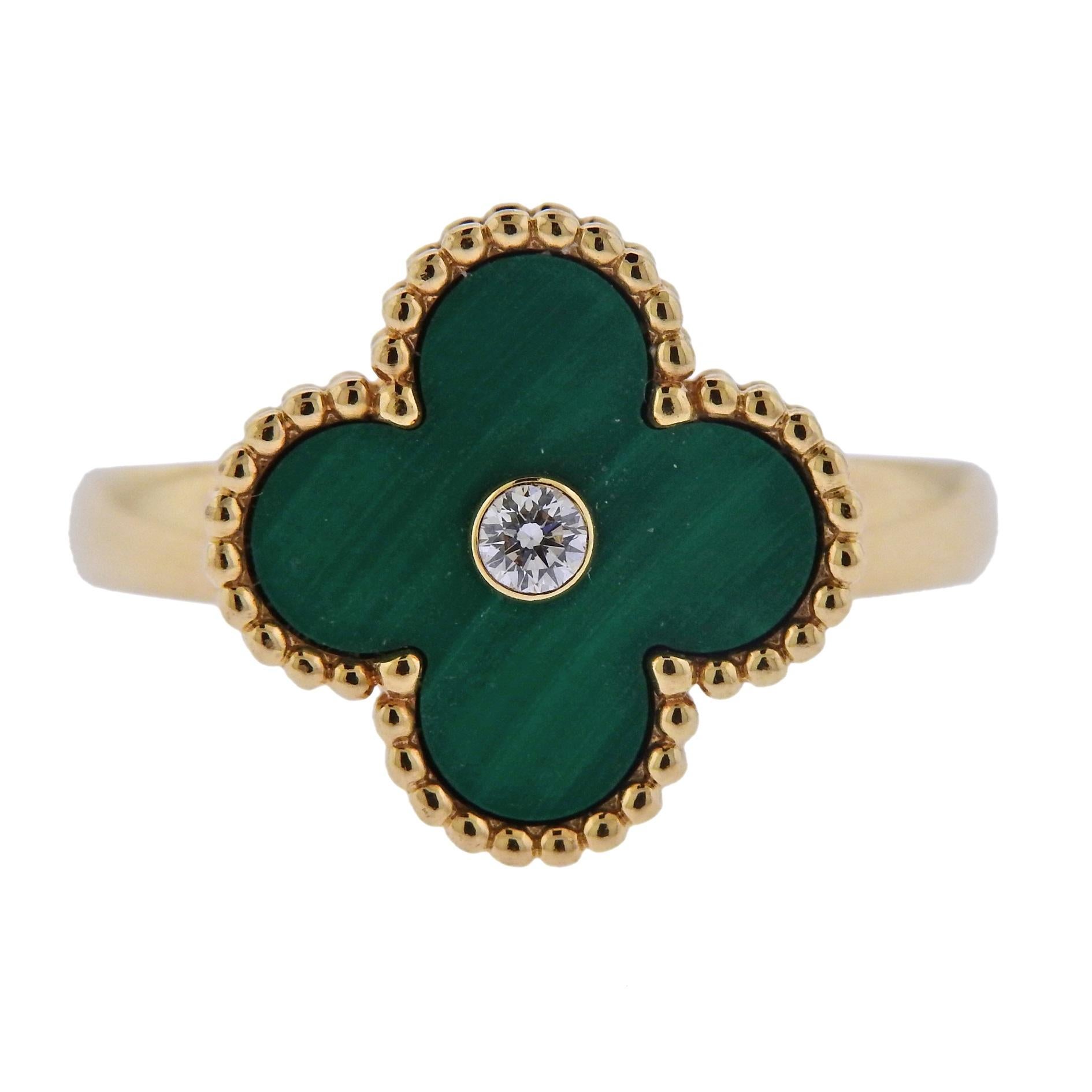 Van Cleef & Arpels Vintage Alhambra Malachite Diamond Gold Ring