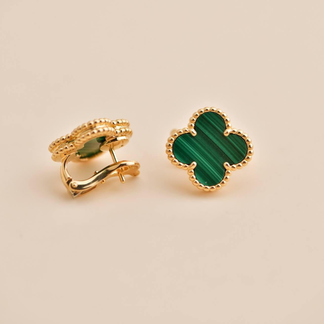 Uncut Van Cleef & Arpels Vintage Alhambra Malachite Yellow Gold Earrings