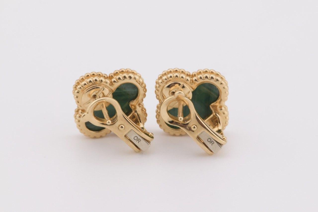Women's or Men's Van Cleef & Arpels Vintage Alhambra Malachite Yellow Gold Earrings