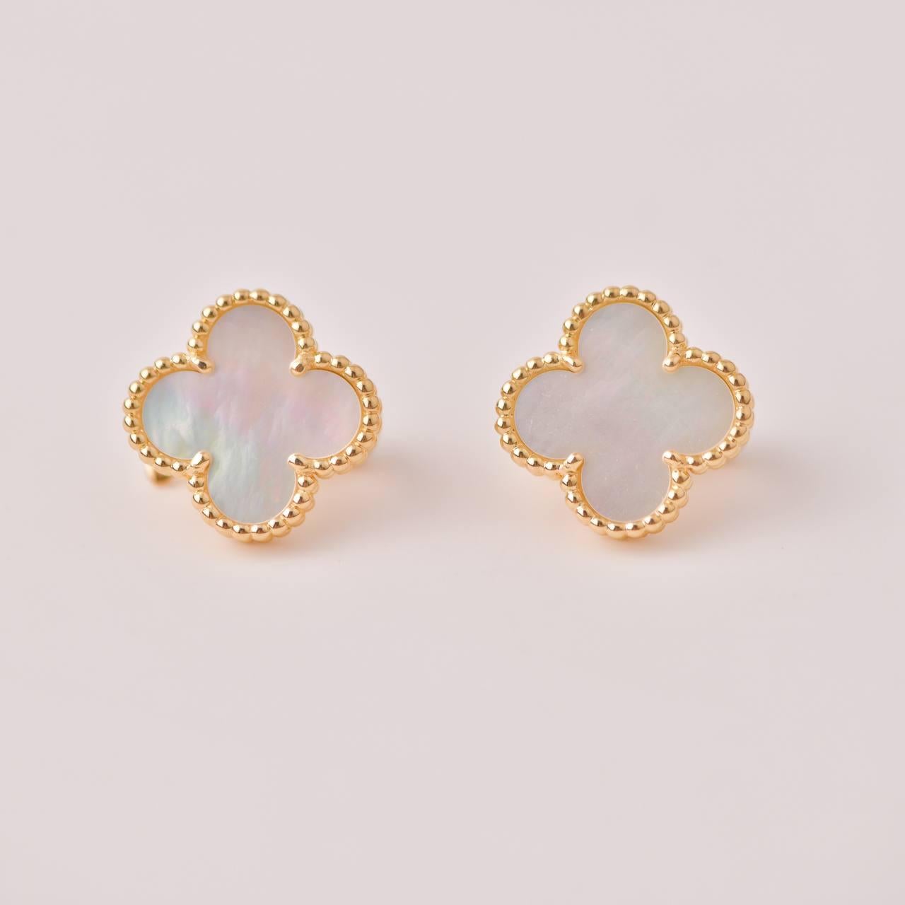 Van Cleef & Arpels Vintage Alhambra Mother of Pearl 18K Yellow Gold Earrings In Excellent Condition In Banbury, GB