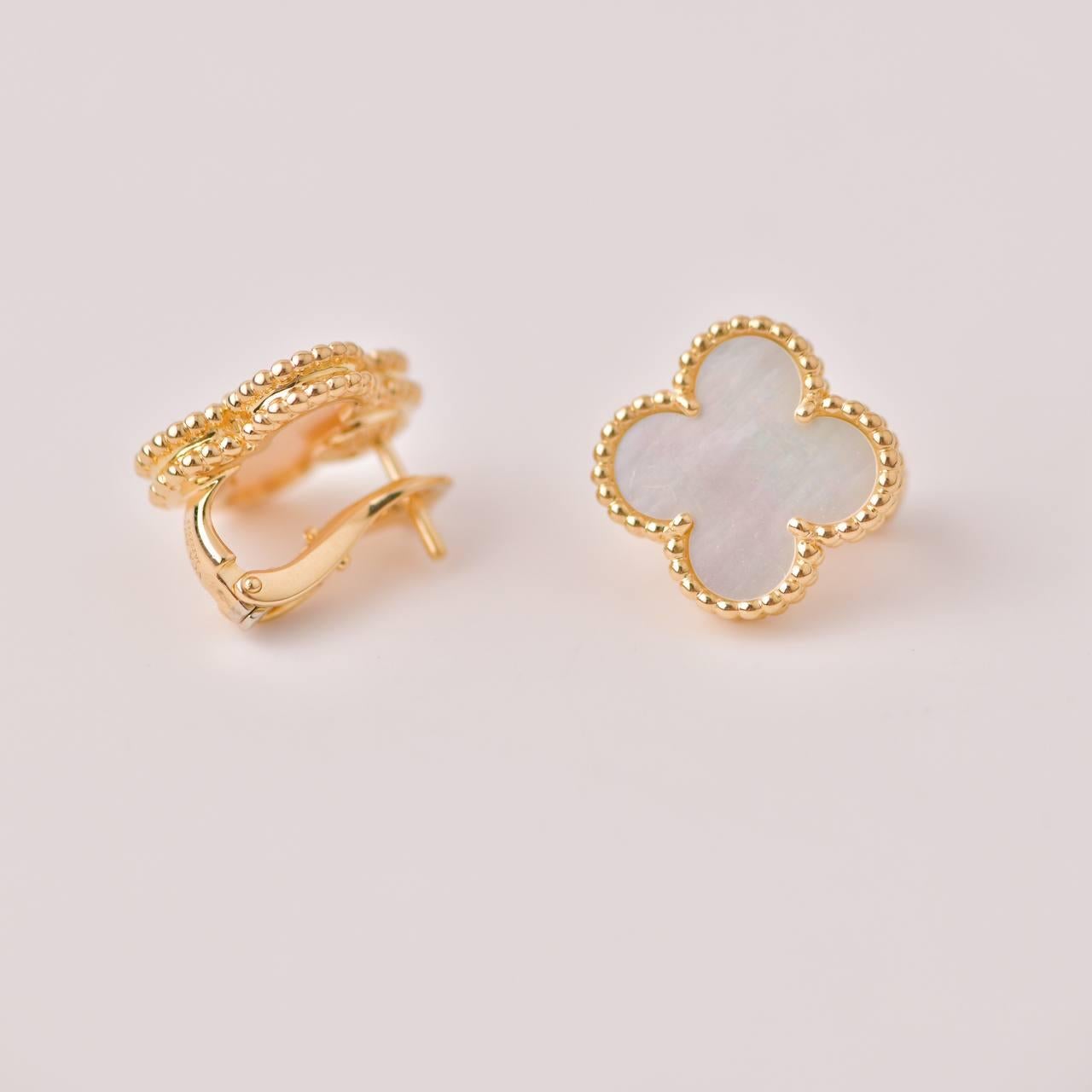 Women's or Men's Van Cleef & Arpels Vintage Alhambra Mother of Pearl 18K Yellow Gold Earrings