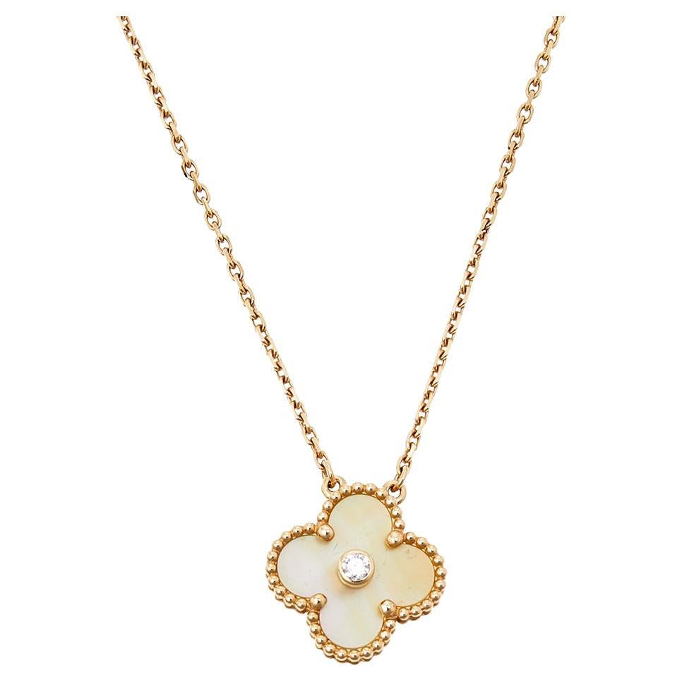 Van Cleef & Arpels Vintage Alhambra Mother of Pearl Diamond 18K Pendant Necklace