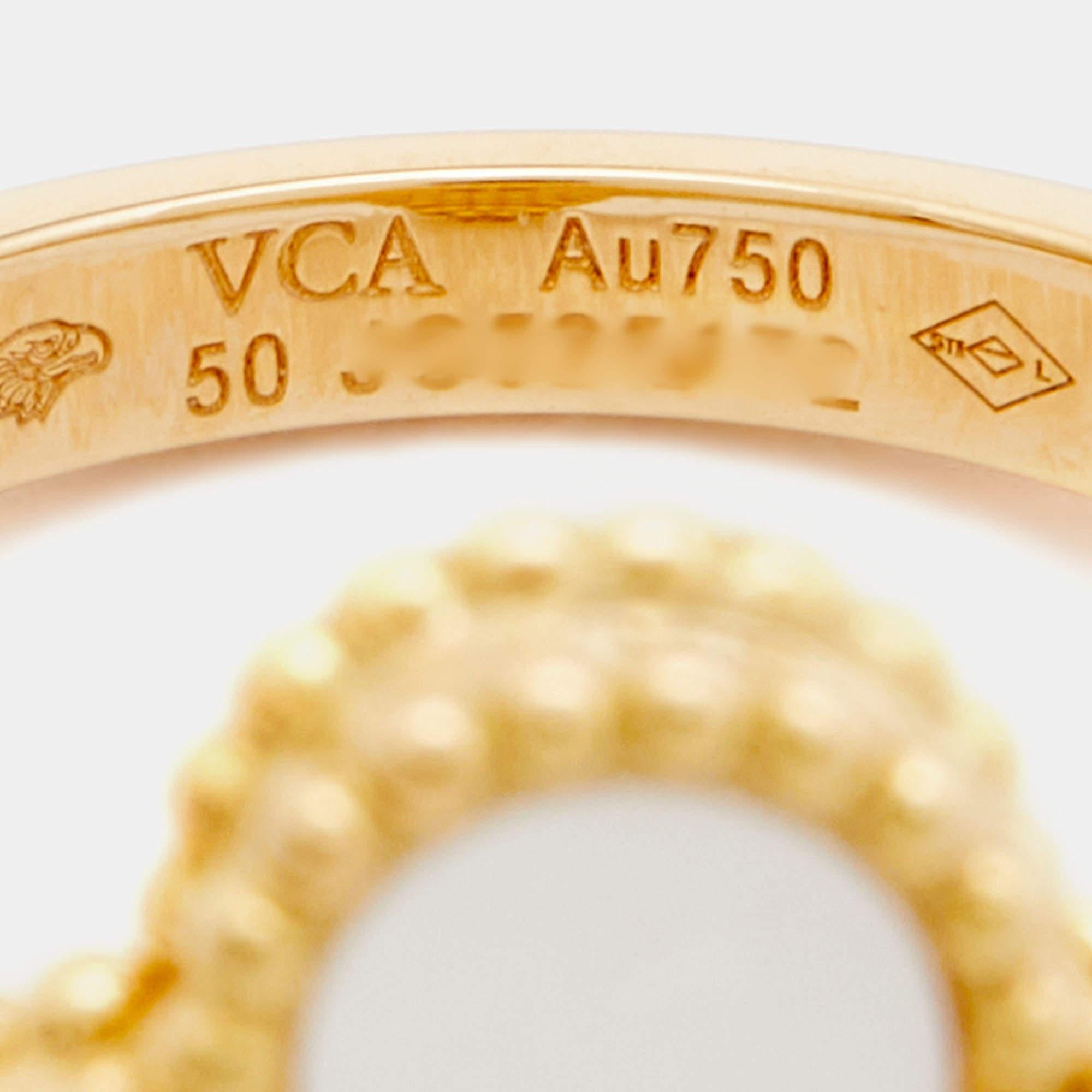 Asscher Cut Van Cleef & Arpels Vintage Alhambra Mother of Pearl Diamond 18k Yellow Gold Ring