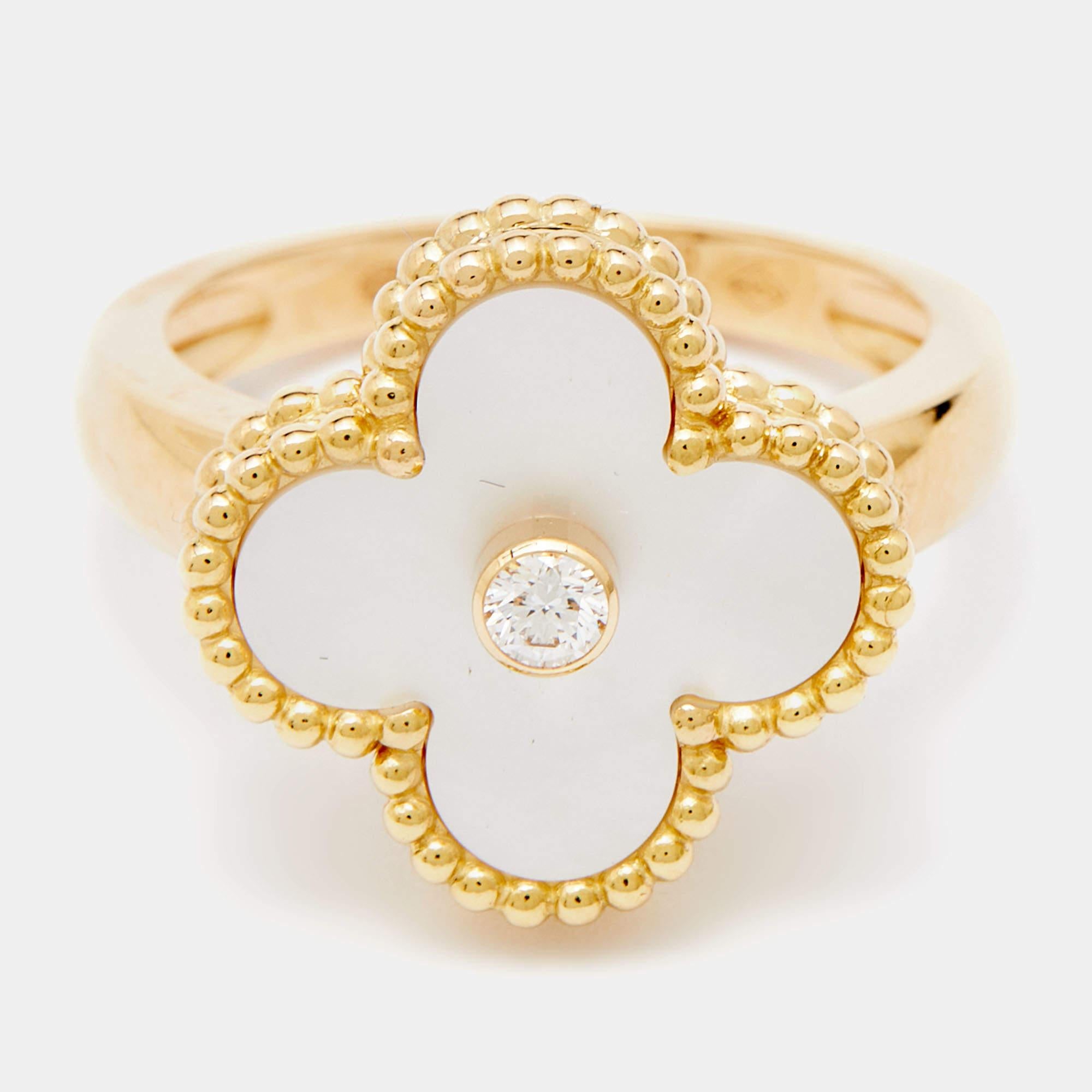 Women's Van Cleef & Arpels Vintage Alhambra Mother of Pearl Diamond 18k Yellow Gold Ring
