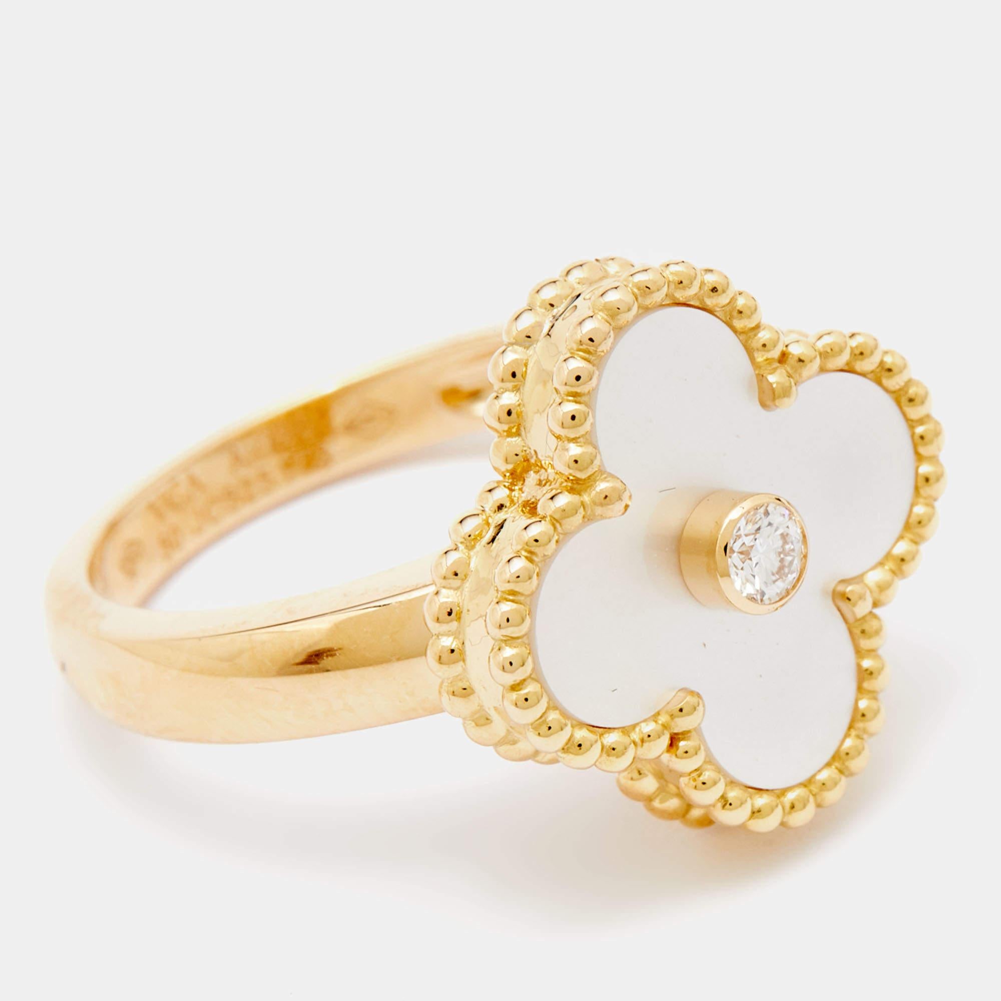 Van Cleef & Arpels Vintage Alhambra Mother of Pearl Diamond 18k Yellow Gold Ring 1