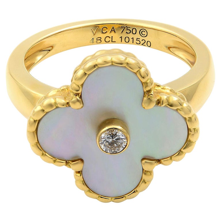 Van Cleef and Arpels Vintage Alhambra Mother of Pearl Diamond Gold Ring at  1stDibs | vintage alhambra ring, van cleef alhambra ring, sweet alhambra  ring