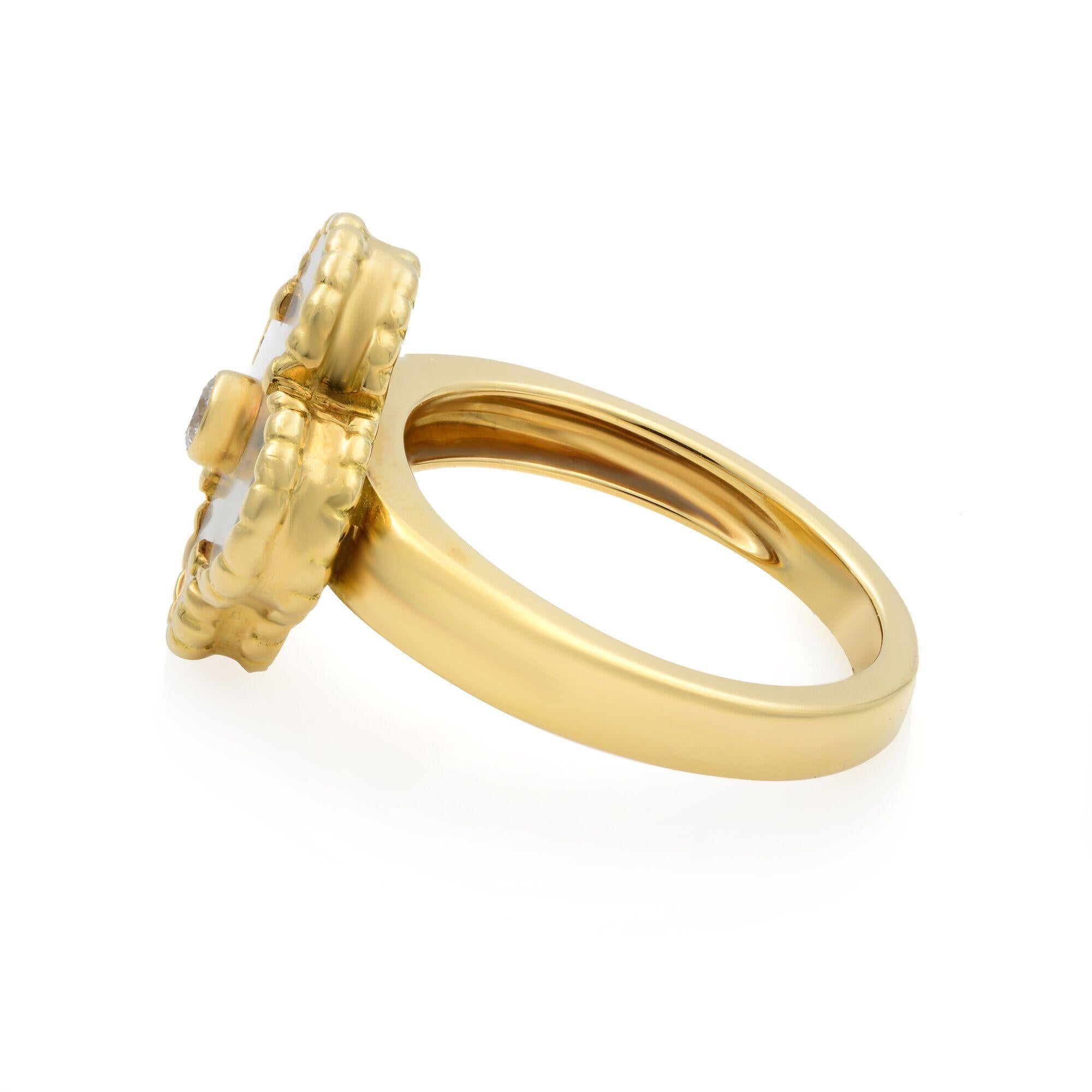 Van Cleef & Arpels Vintage Alhambra ring, crafted in 18K yellow gold. Set with mother of pearl top and 0.06ct diamond, VVS clarity and F-G color. Ring Size: 4.75.
Condition: pre-owned like new, comes without original box ans no papers. 