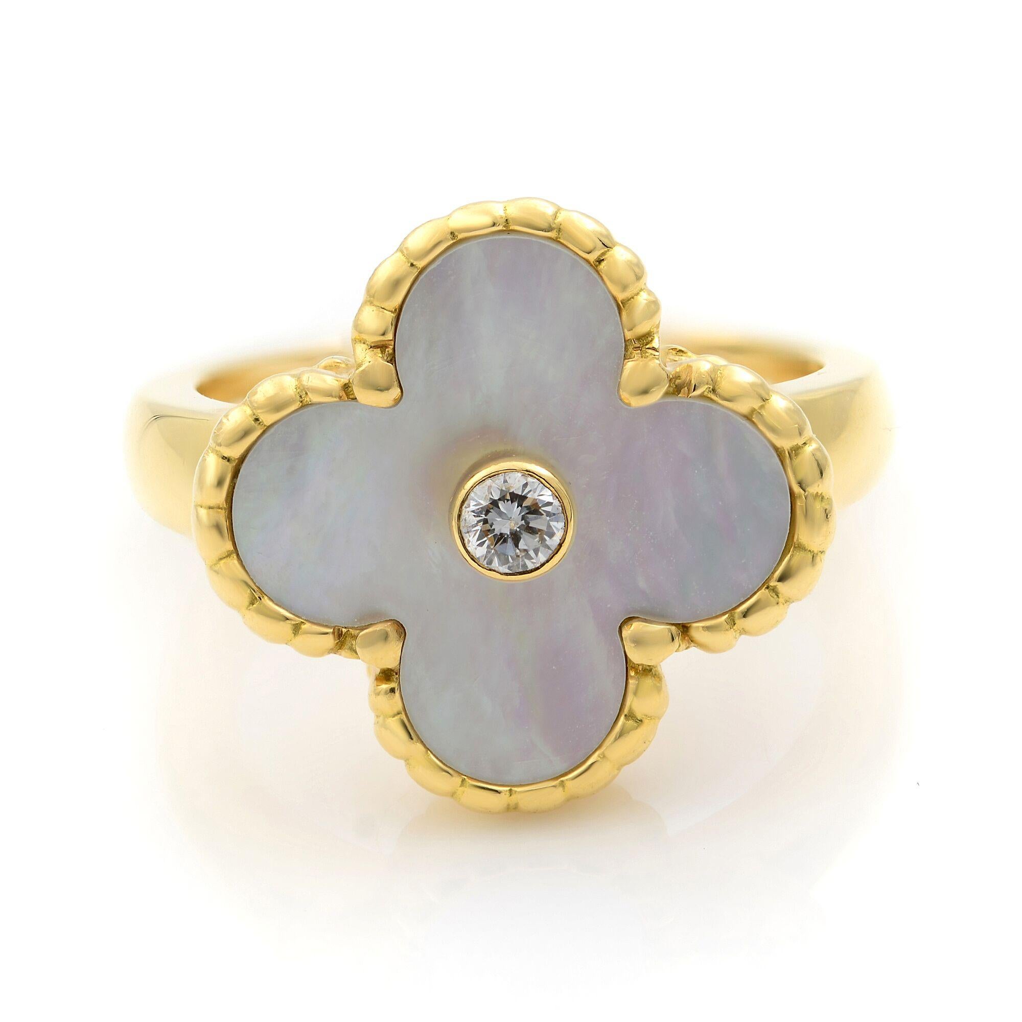 Van Cleef and Arpels Vintage Alhambra Mother of Pearl Diamond Gold Ring ...