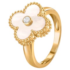 Van Cleef & Arpels Vintage Alhambra Mother Of Pearl Diamond Ring 18K Yellow Gold