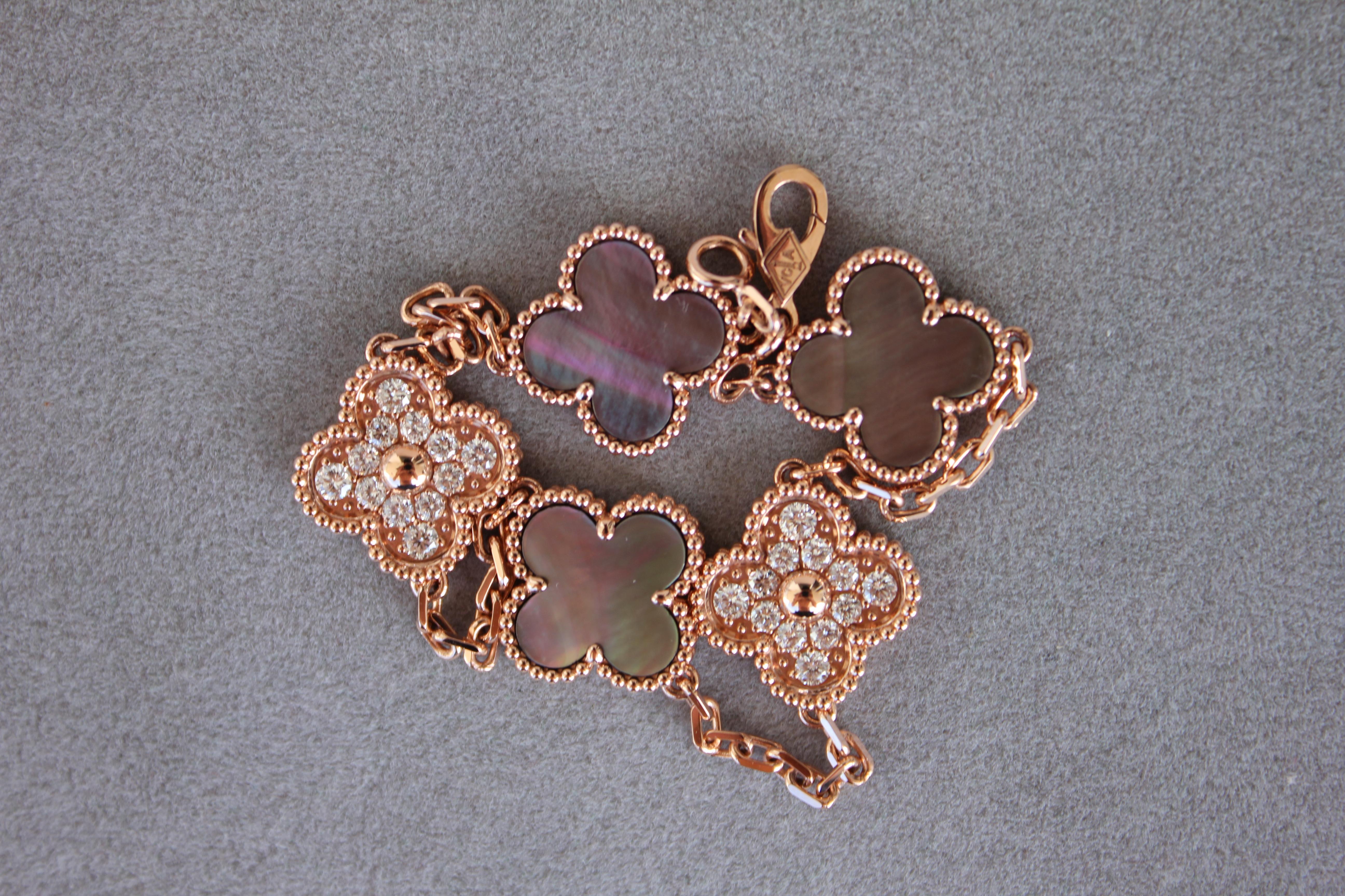 Van Cleef & Arpels Vintage Alhambra Mother of Pearl Diamonds Rose Gold Bracelet 3