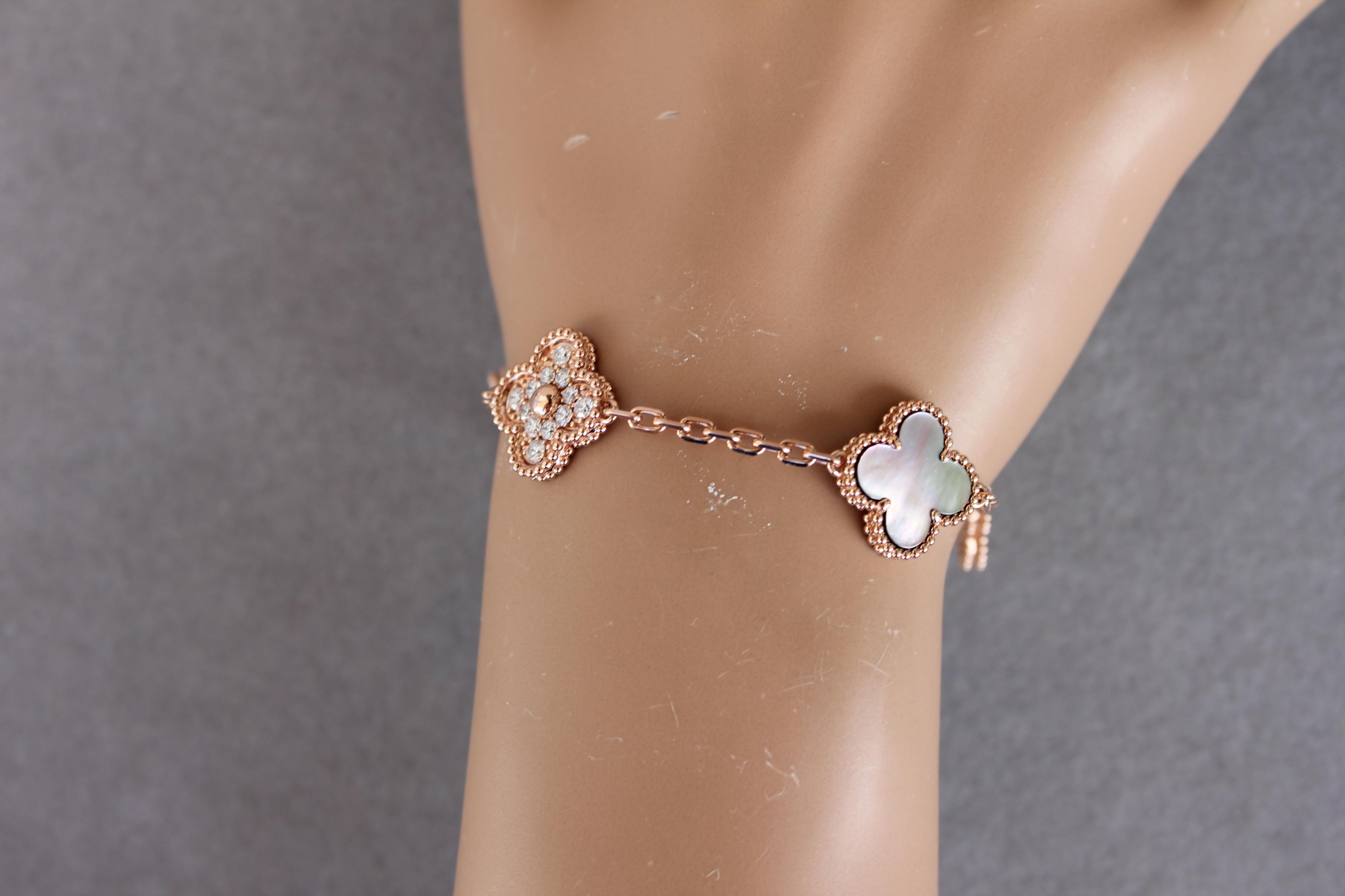 Van Cleef & Arpels Vintage Alhambra Mother of Pearl Diamonds Rose Gold Bracelet 12